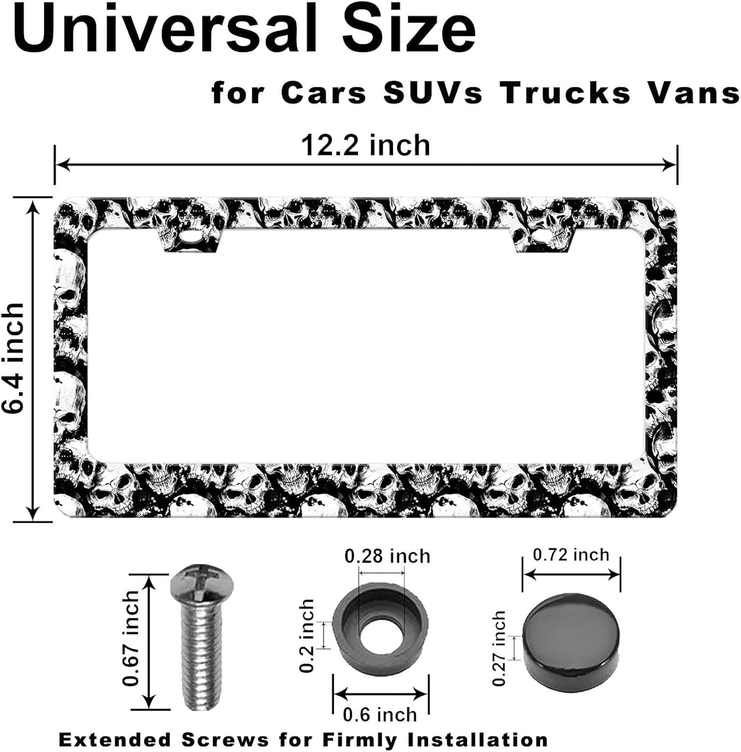 2Pack of Skull License Plate Frames Horror Skull Car Decor Accessories,Metal Black and White Skull License Plate Frame Cover Tag Holder Bracket