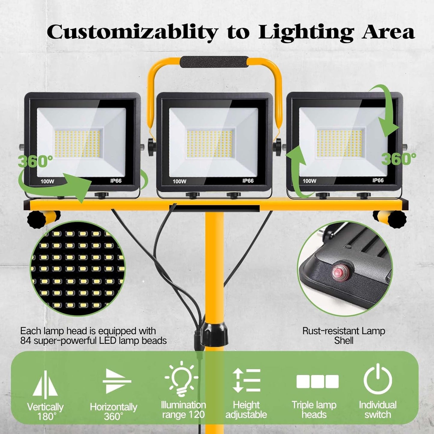 21000 Lumen Work Lights with Stand, 3 Adjustable Head LED Work Light，Foldable Tripod Stand and Portable Removable Led Construction Lights