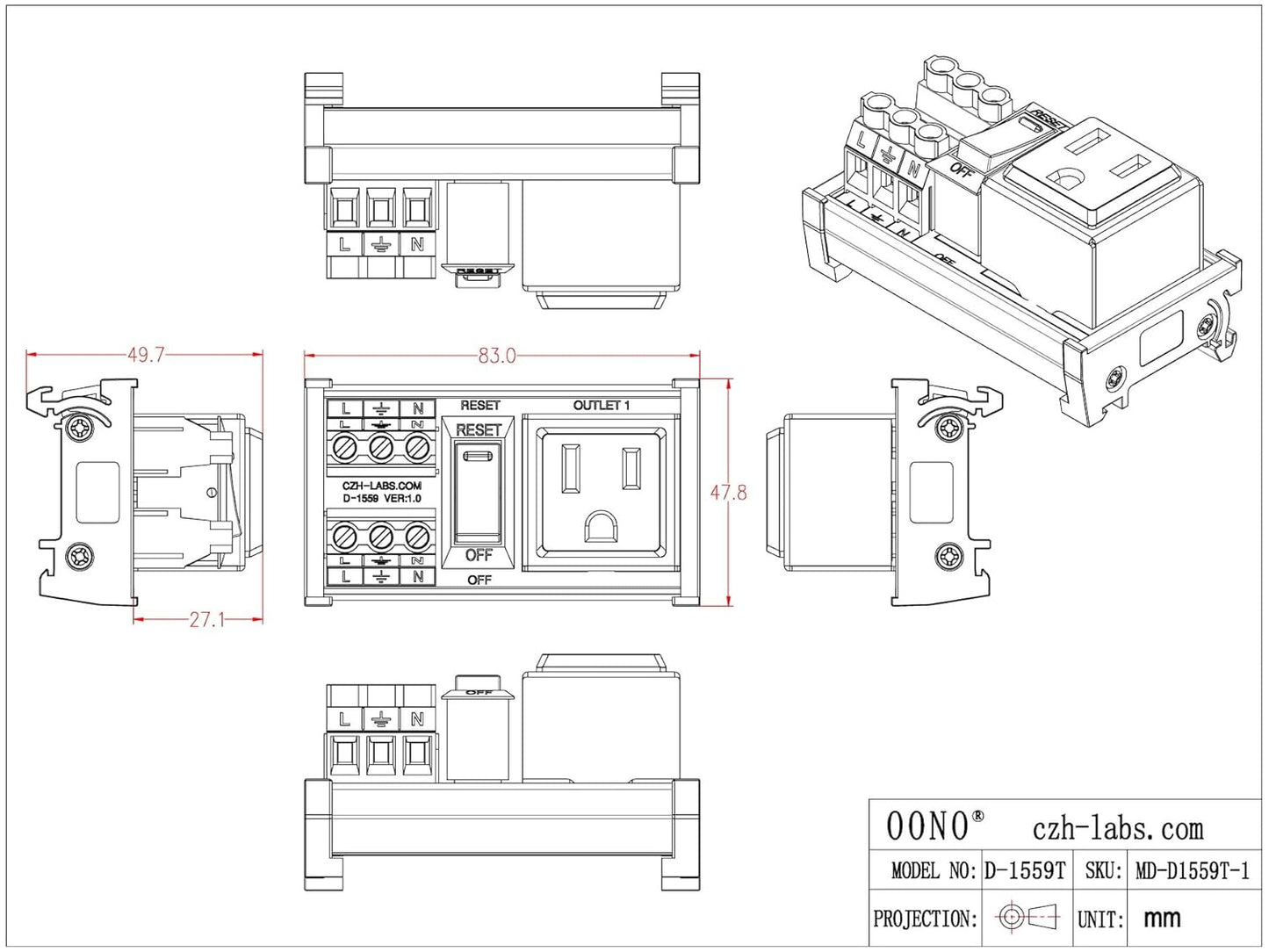 DIN Rail Mount AC 120V NEMA 5-15R Single Receptacle Outlet Power Strip Module, with Rocker Switch Thermal Circuit Breaker Overload Protector