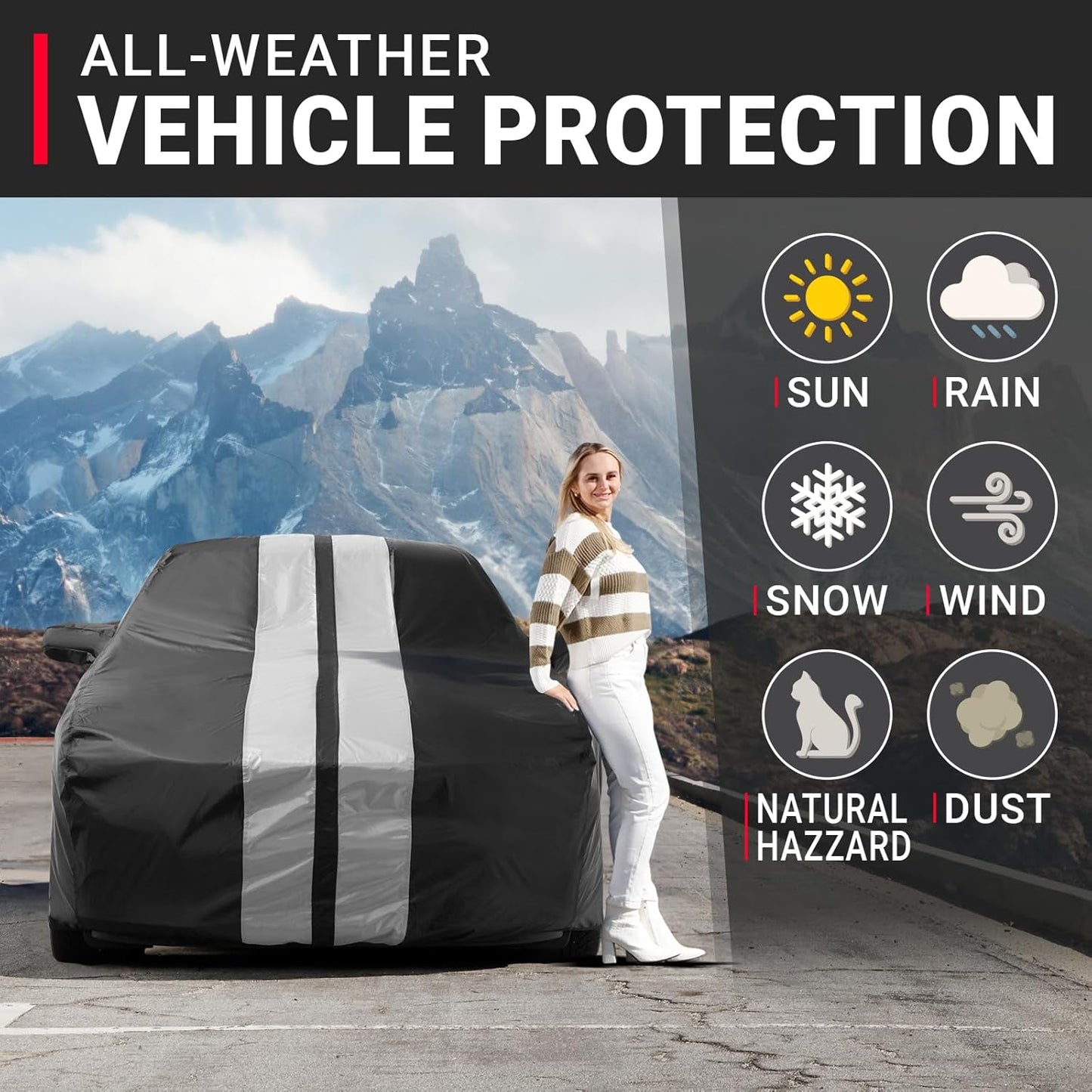 iCarCover Custom Car Cover for Buick Lucerne (2005-2011) Waterproof All-Weather Rain Snow UV Sun Protector Full Exterior Indoor Outdoor Car Cover (Stripe - Black/Gray)