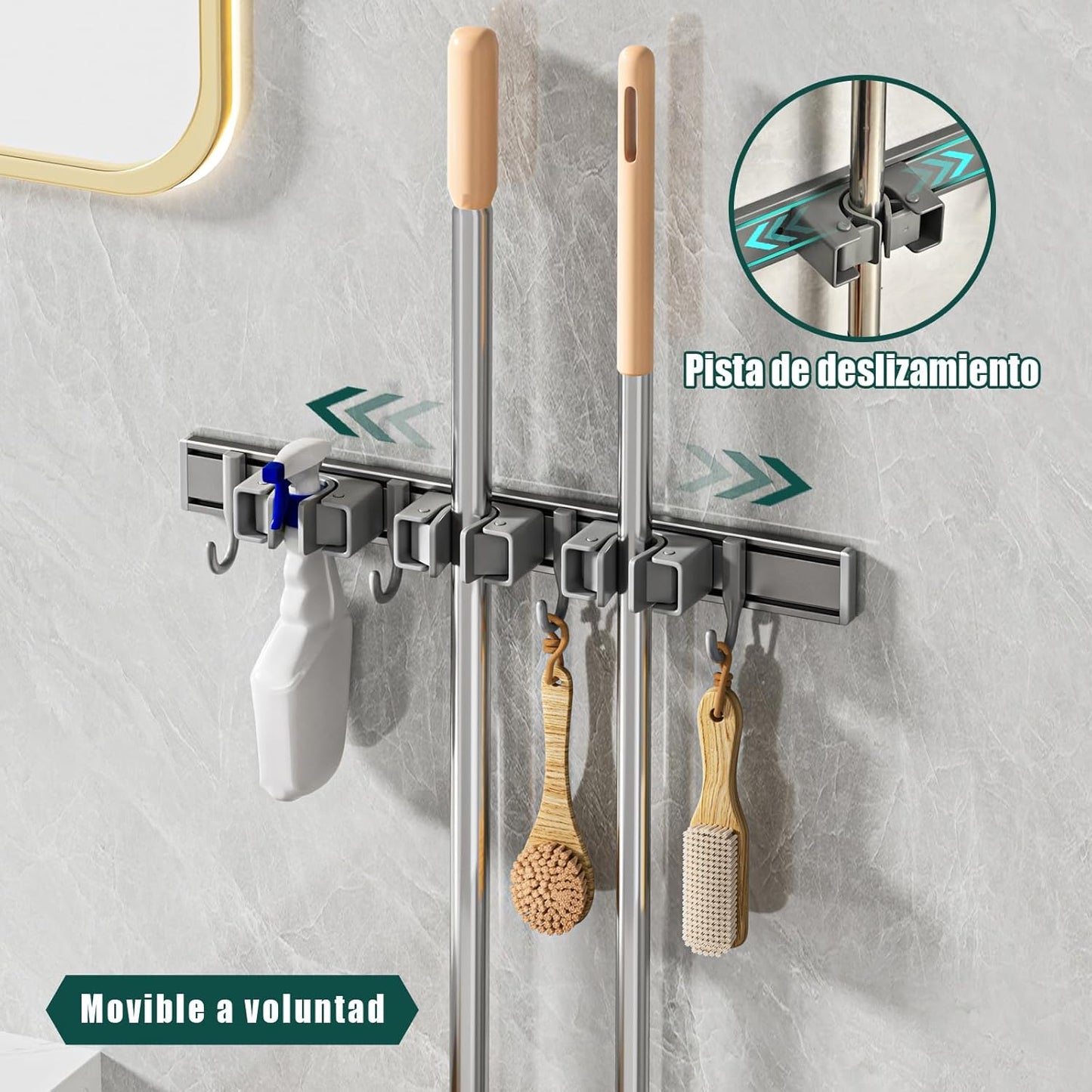 Broom Holder Wall Mount Movable Hooks and Clips Mop and Broom Hanger Wall Mounted Aluminum Garage Tool Organizer Storage adhesive (30cm, Grey)