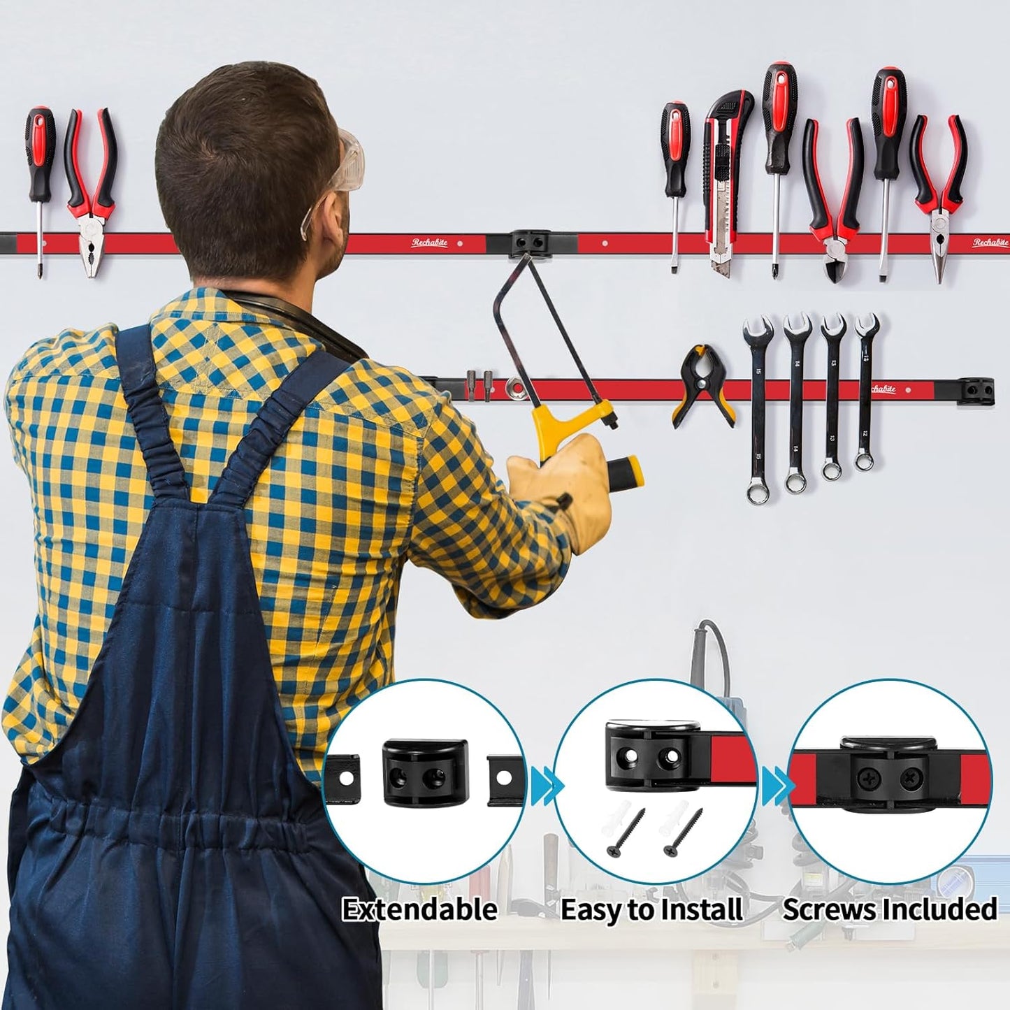 12" 18" 24" Magnetic Tool Holder Strip, Red Magnet Bar, Metal Tool Organizer Rack for Garage Organization, Easy To Install in Workshop, Mounting Screws Included
