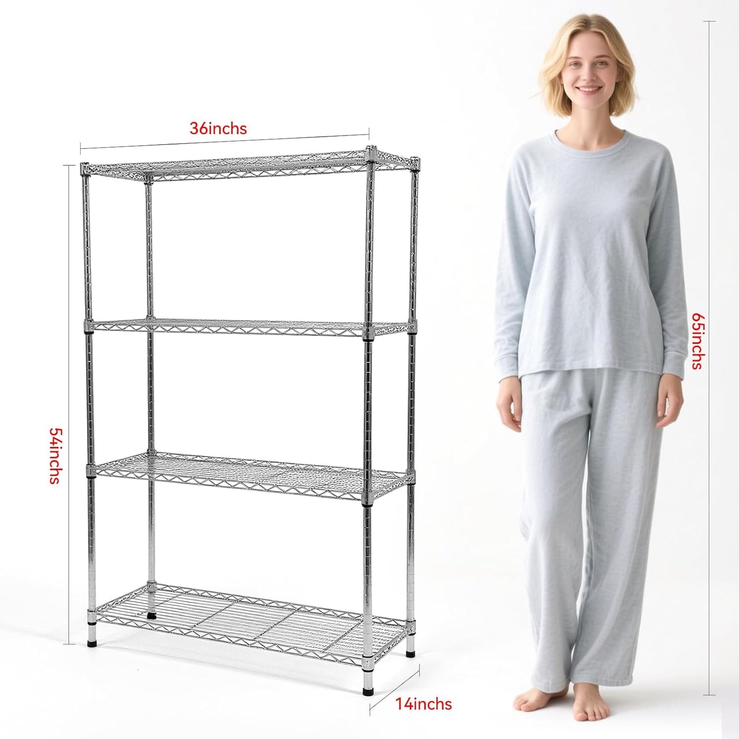 Heavy-Duty 4 Tiers Chrome Steel Wire Shelving NSF Certified. Adjustable Storage Rack for Kitchen,Garage,and Laundry Utility Room (Chrome-4Tiers-36x14x54)