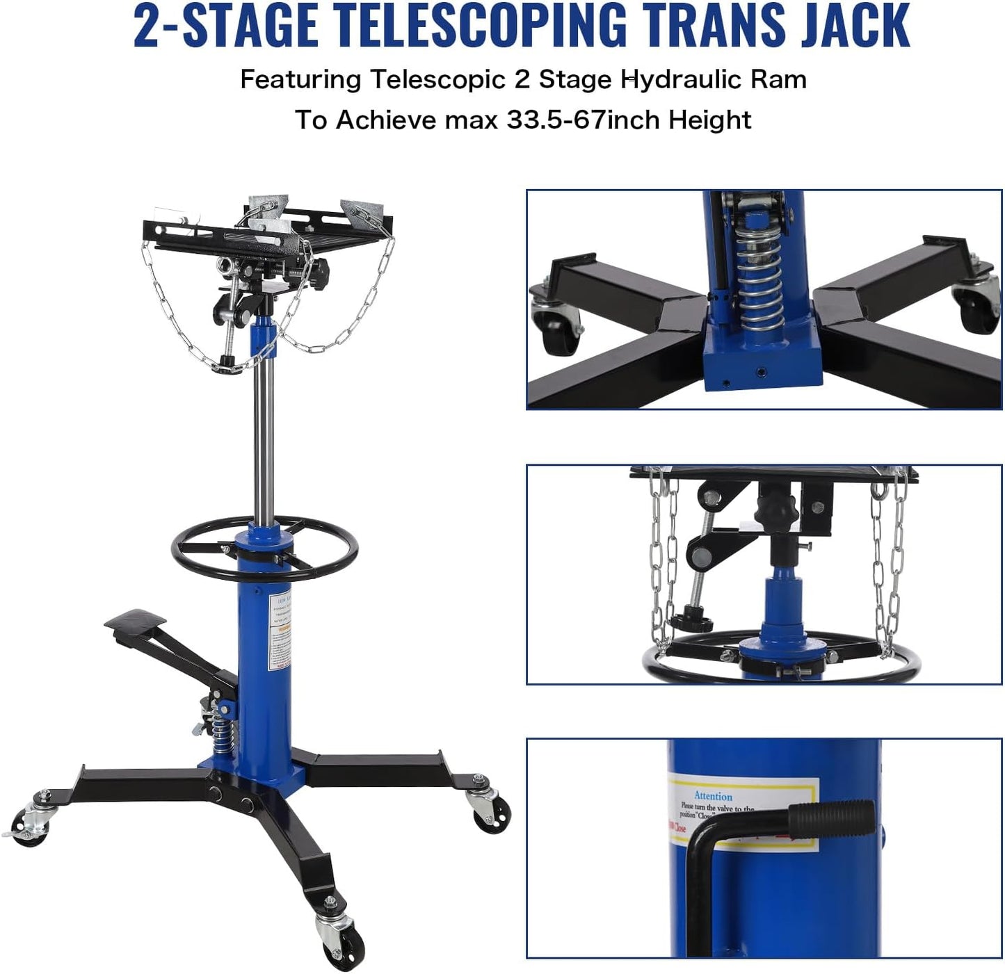 Hydraulic Transmission Jack 1100 LBS Capacity 33.8"-72.8" Lifting Height 2 Stage Hydraulic Telescoping Jack, Trans Jack Stand Heavy Duty with Foot Pedal and 360° Swivel Wheel, Blue