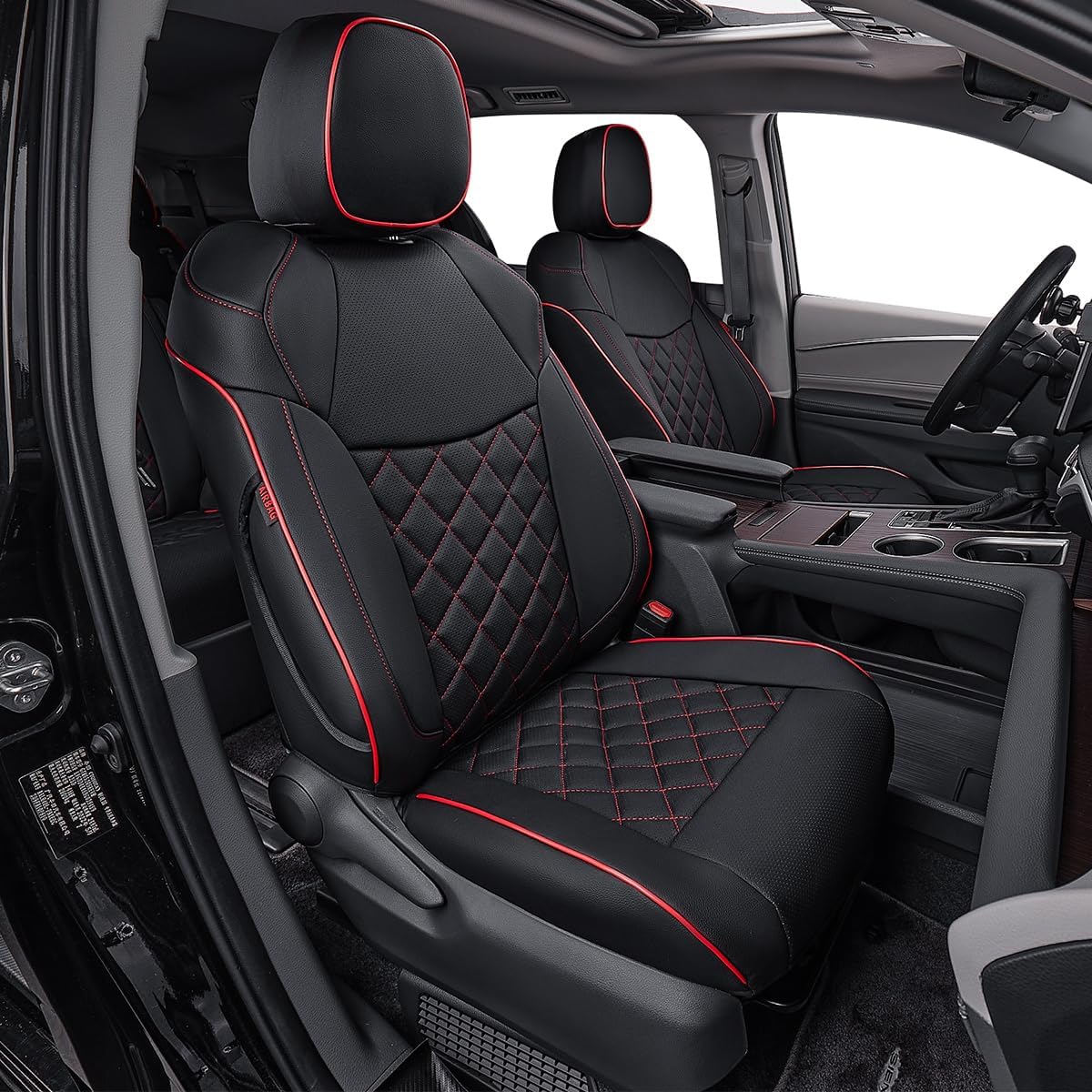 EKR Sienna Seat Covers for 2011-2020 Toyota Sienna L,LE,XLE,Limited,7 Seats,2nd Row Captain Seats W/NO Legrest,Waterproof Car Seat Cover Full Set,Car Seat Protectors-Leather(Black with Red Piping)