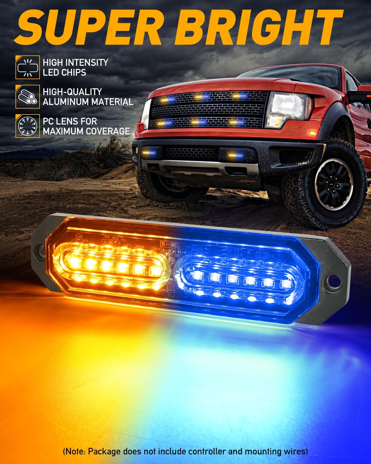 HLauto 1200T Emergency Strobe Grille Lights: 8pcs 12 LED Sync Feature Safety Warning Flashing Lights, Ultra Slim Surface Mount Hazard Caution Lights for Trucks, Vehicles, Car, ATV, UTV (Amber Blue)