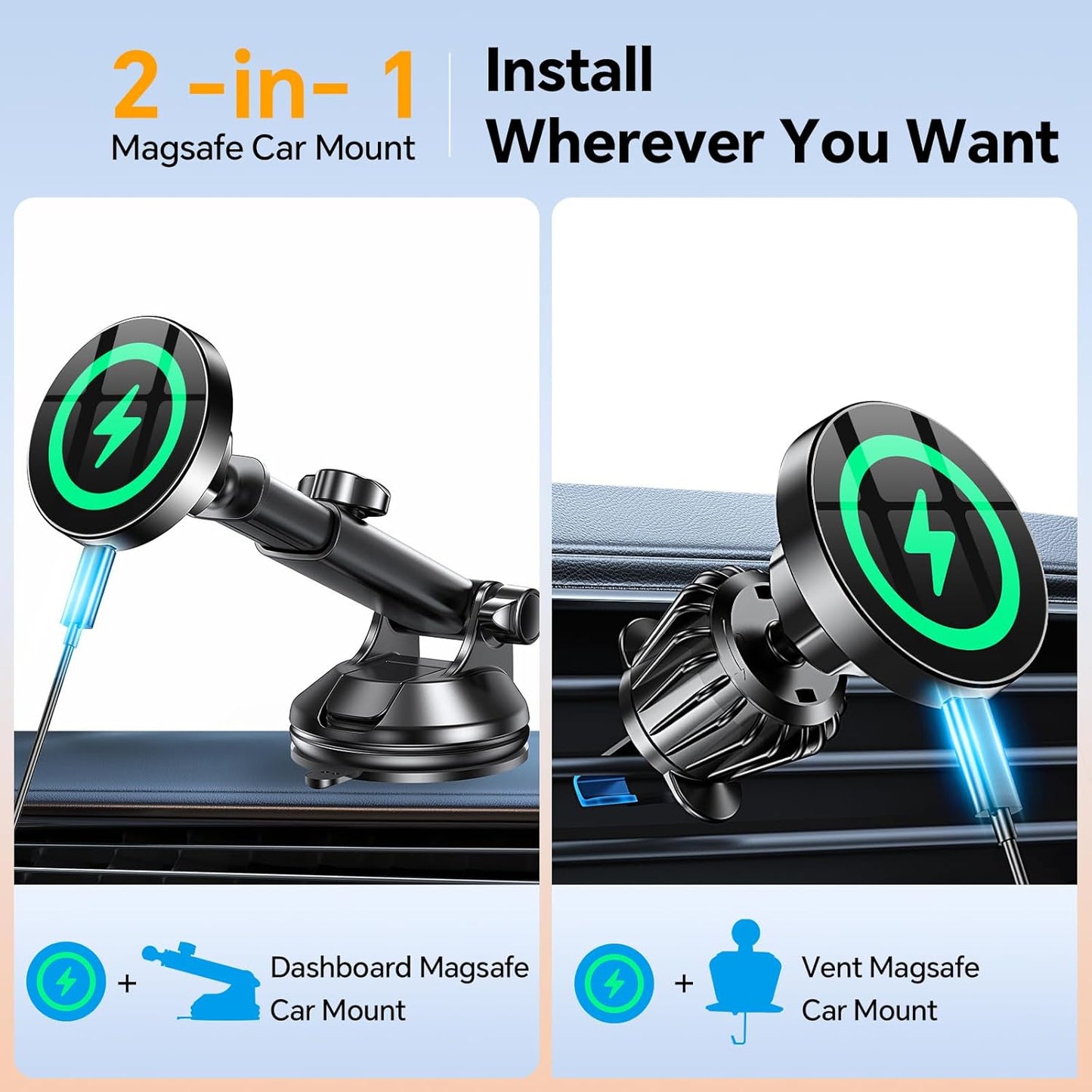 Coolpow for MagSafe Car Mount Charger【Ultra Magnet】Magnetic Phone Holders for Your Car Charger【Windshield+Vent+Dash】Magnetic Wireless Car Phone Holder Charger Car Mount for iPhone 16 Pro Max 15 14 13