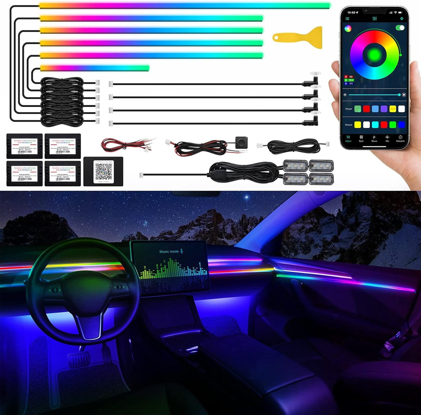 Dreamcolor Acrylic Interior Car LED Strip Light with Wireless APP, RGB 14 in 1 with 175 inches 593 LEDs Fiber Optic Ambient Lighting Kits, 16 Million Colors Sound Active Function Car Neon Lights