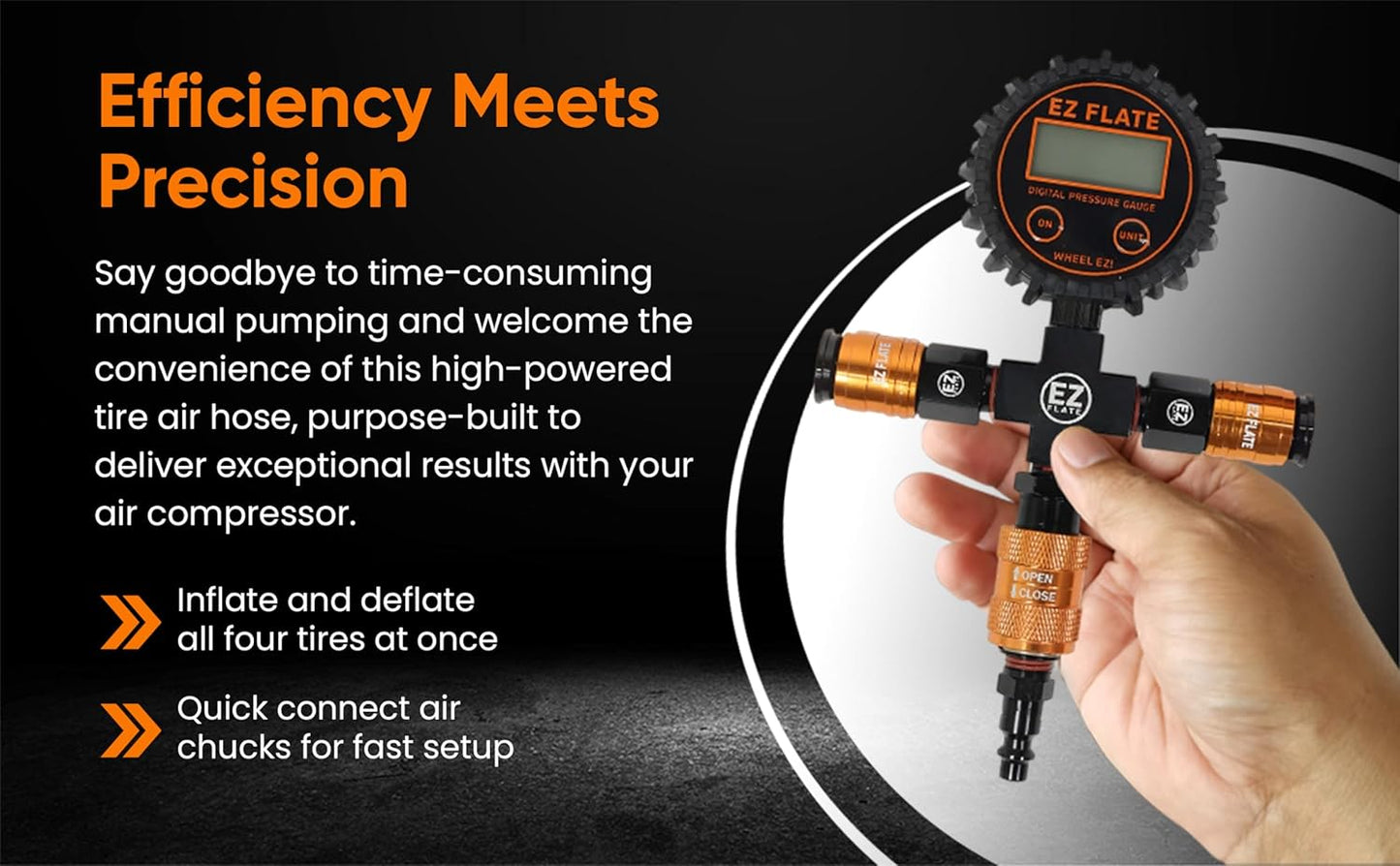 EZ FLATE 4 Tire Hose System | Heavy Duty | Truck or Car Tires | UTV Side By Side Tires | Fast Inflation | 4 Tires at Once | Auto Equalize | Quick Connest Air Chucks (Recoil Hose System)