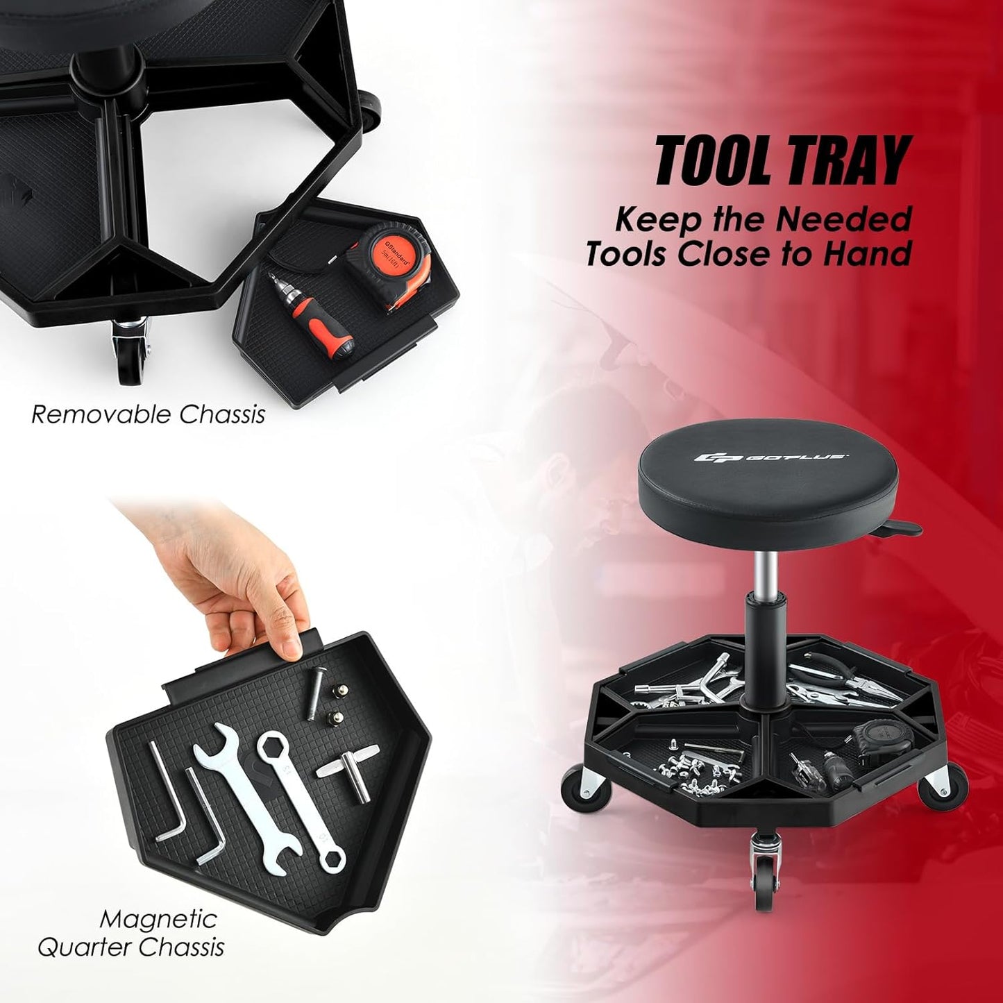 Goplus Mechanic Stool, Rolling Garage Chair with 16”-22” Adjustable Height, Removable Magnetic Tool Tray, 2” Thick Padded Cushion, Universal Wheels, 330LBS, Roller Creeper Seat (Black)