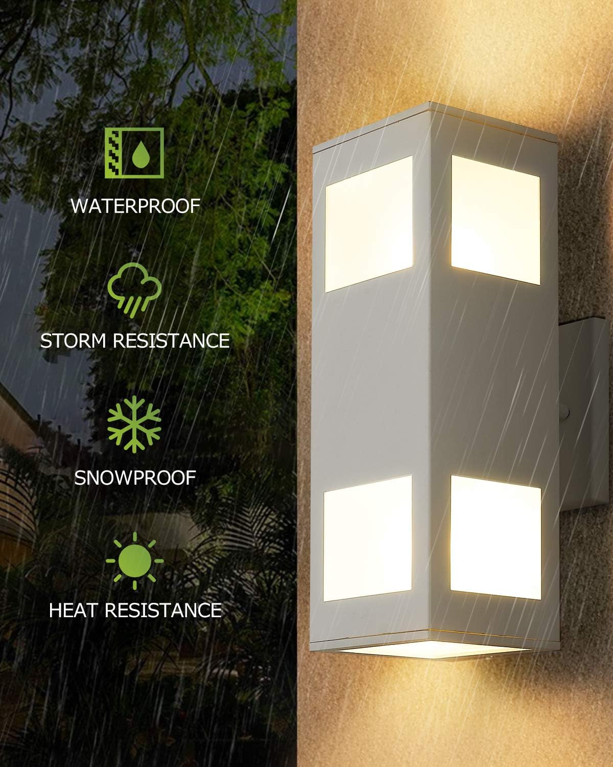 harriet Porch Lights Outdoor Modern - IP64 Waterproof Aluminum and Tempered Glass Cover, 13" Rectangular Up/Down Wall Sconce for Porch, Garage & Patio, Exterior Lighting, White, 2 Pack