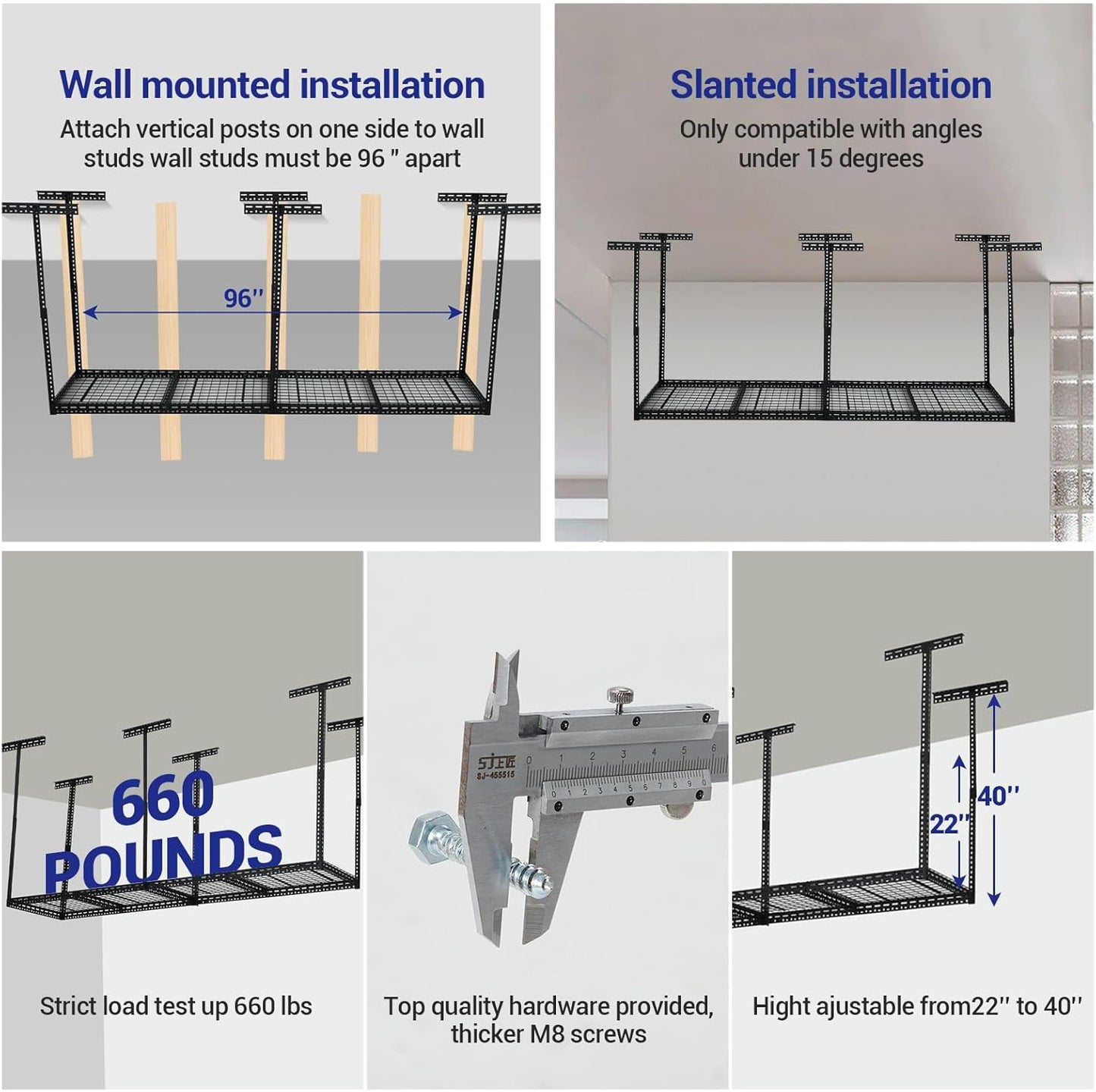 Overhead Garage Storage Rack, Heavy Duty Ceiling Storage Racks for Garage, Adjustable Height, 660LBS Weight Loading,2x8 FT Hanging Organizer Shelving for Warehouse Basement, Black