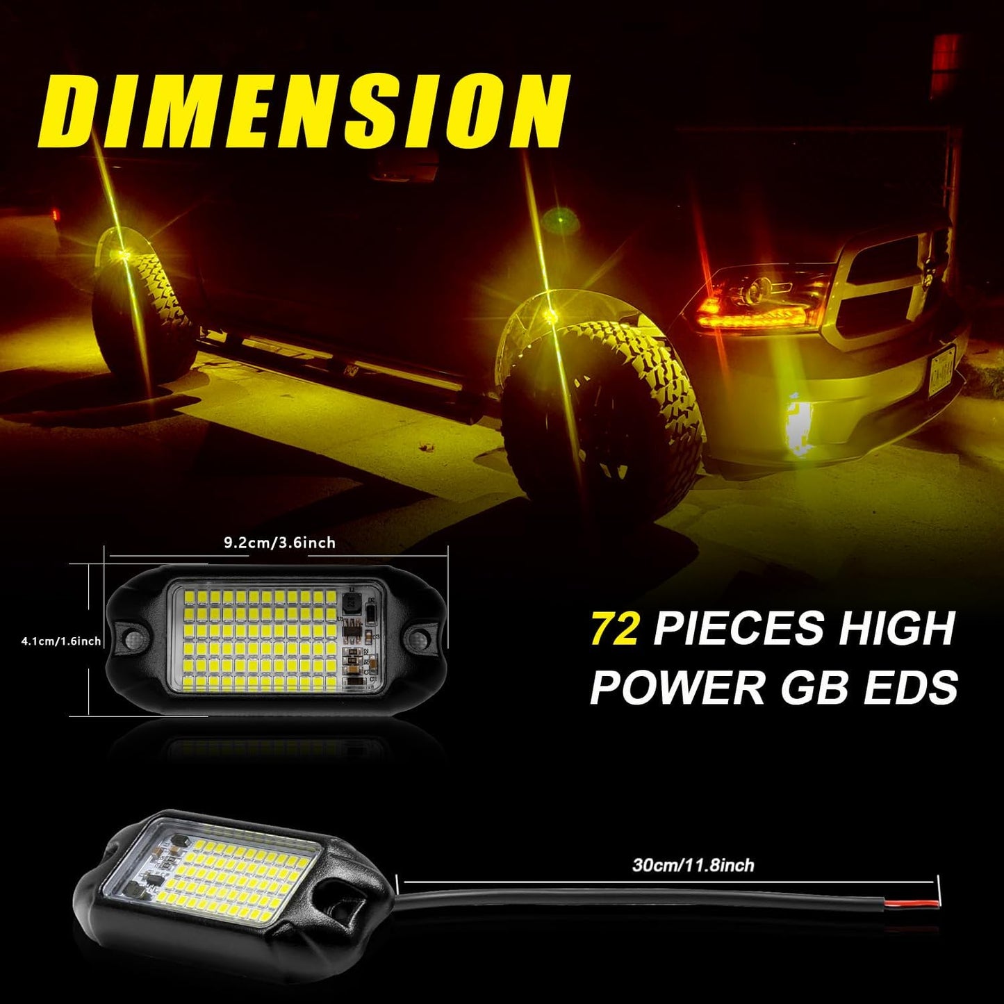 Nicoko 4Pods Pure Yellow 72 LEDs SMD Chips 72w High Power Rock Lights Super Bright Yellow Offroad Car Boat Underglow Lights IP68 Waterproof for Truck SUV UTV ATV RZR