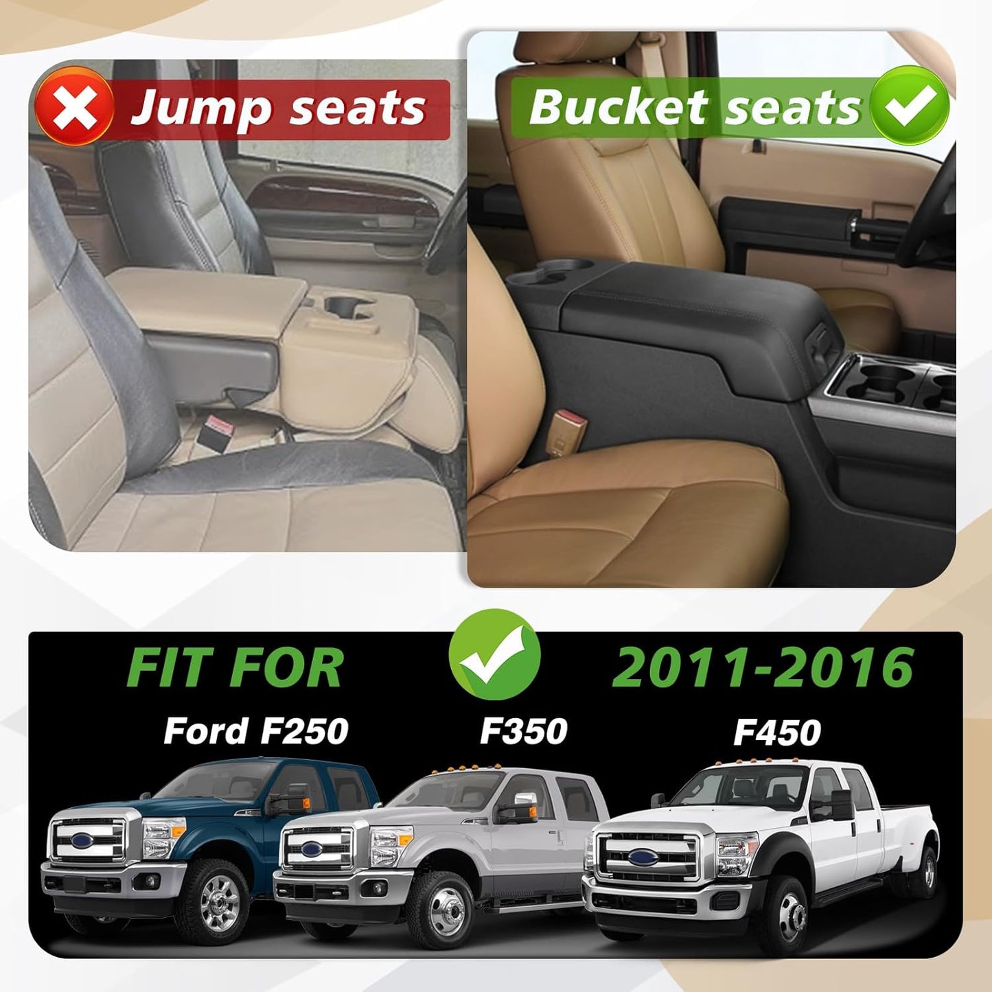 Muslogy Center Console Armrest Cover Compatible with Ford F250 F350 F450 2011-2016 Super Duty Comfort Armrest Pad Arm Rest Cushion Vegan Leather Protector Regular Thick(Bucket Seat ONLY)