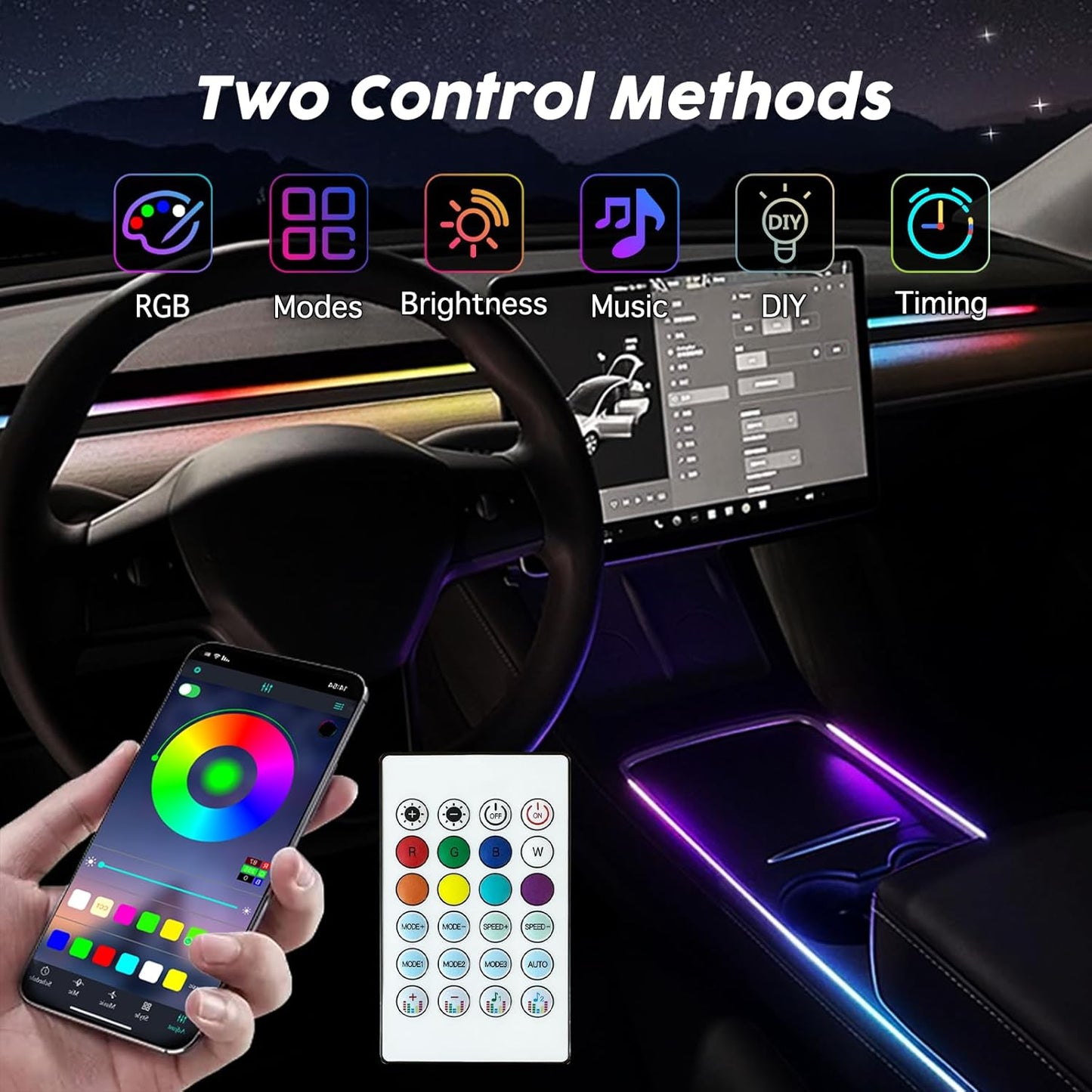 Interior Car LED Lights, RGB Dream Color Acrylic LED Lights for Car, Ambient Lighting Kits with Wireless APP and RF Remote Control, Music Sync Dynamic Chasing (10 in 1)