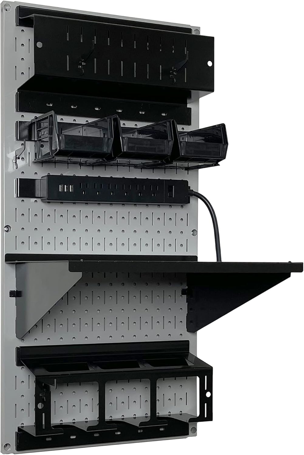 Wall Control Power Tool Storage Organizer Kit Cordless Drill Holder Charging Station Rack 16” x 32” Metal Pegboard Organization System (Grey Pegboard)