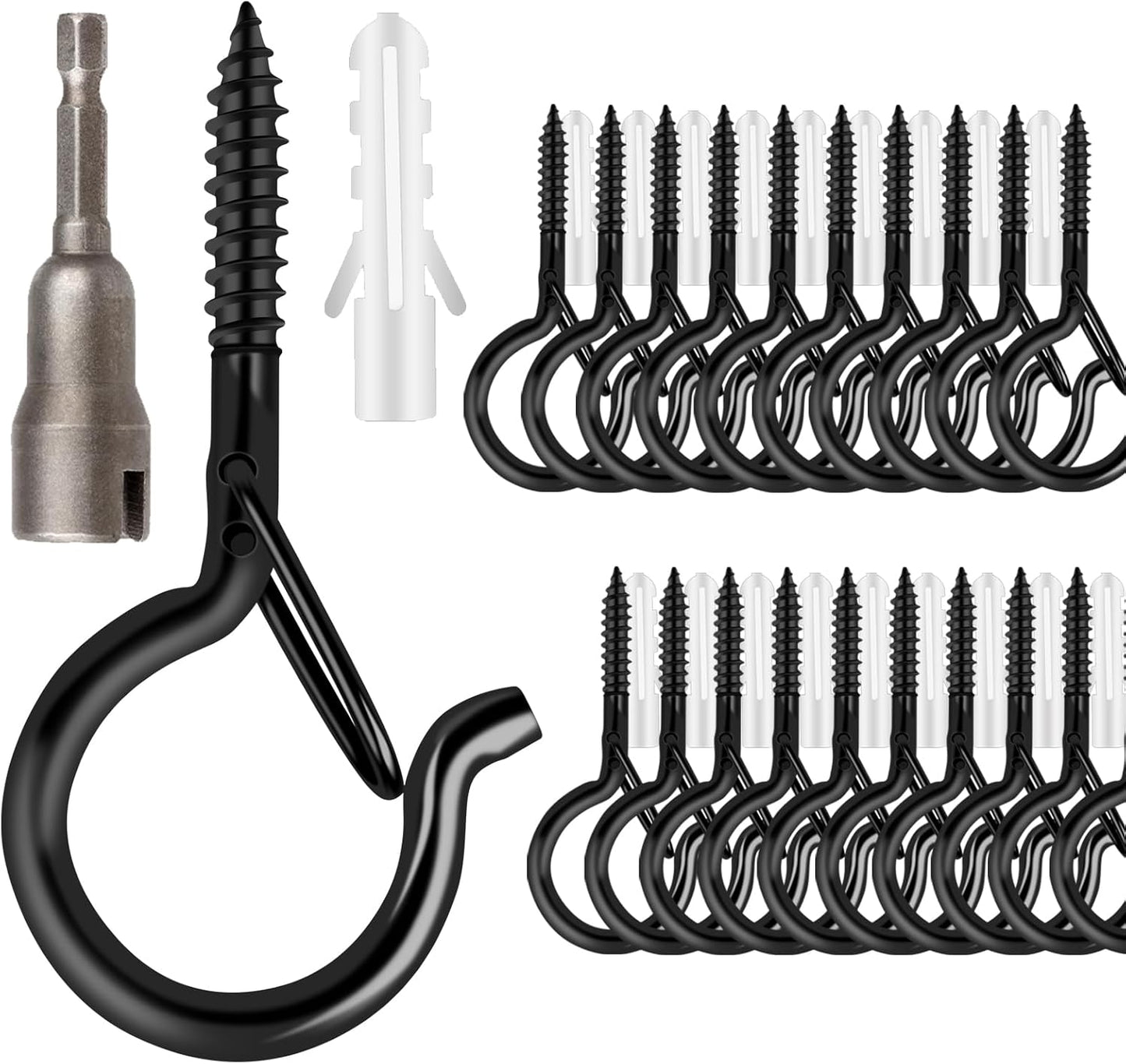 24 PCS Q-Hanger Hooks, Screw Hooks for Outdoor String Lights, Safety Buckle Design Cup Eye Hook for Hanging Christmas Lights, Plants, Wind Chimes, Mounted on Wall Ceiling, Include 1 Wing Nut Driver