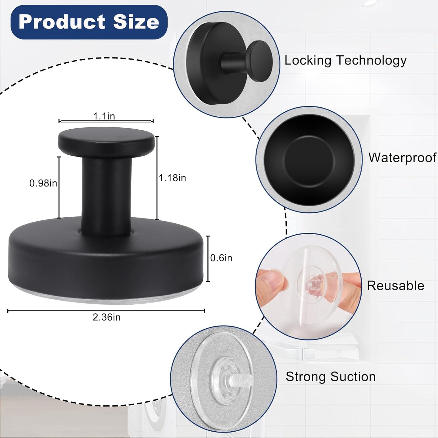 2 PCS Suction Cup Hooks for Shower, Hooks for Inside Shower, Removable Towel Hooks for Bathroom Wall, Kitchen, Glass, Tile, Mirror, Bath Robe Looafh Hook for Hanging (Black)