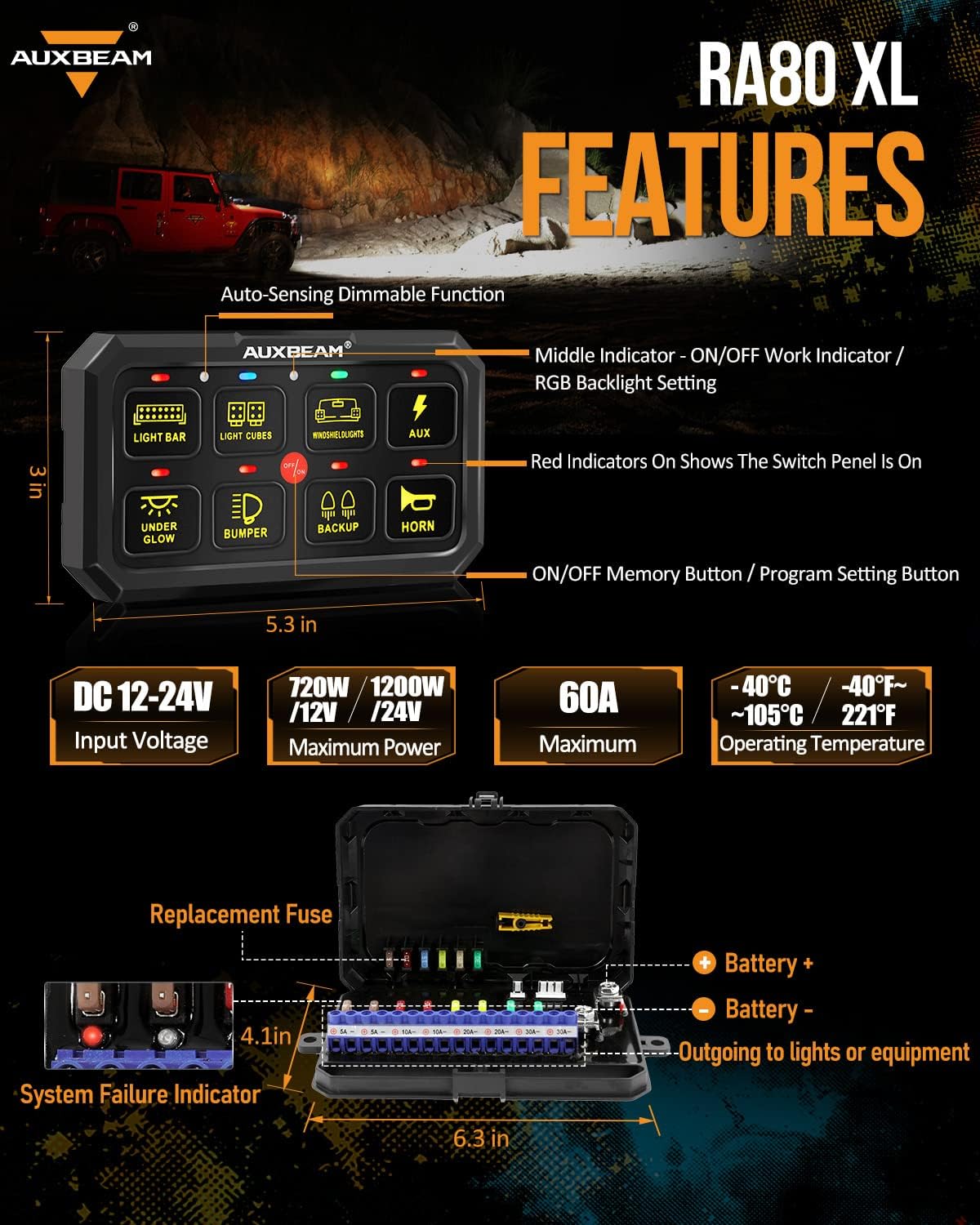 Auxbeam Switch Panel RGB 5 Inch Large 8 Gang Switch Panel RA80 XL Toggle Momentary Pulsed 12V Switch Panel for Car Truck SUV RV Camper Van Offroad Accessories 2 Years Warranty