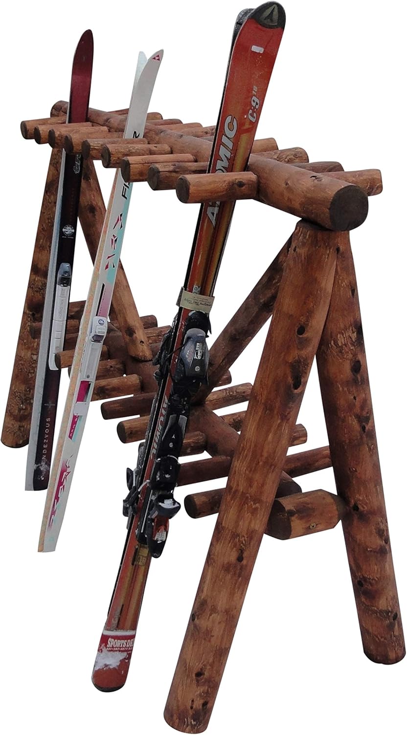 21-Place Freestanding Log Ski Rack Holder, Indoor & Outdoor Snowboard Racks, Standing Storage, Garage Racks for Snow Skis & Poles, Snowboard Rack Garage Storage Organizer-Canyon Brown + 15" Anchor Kit