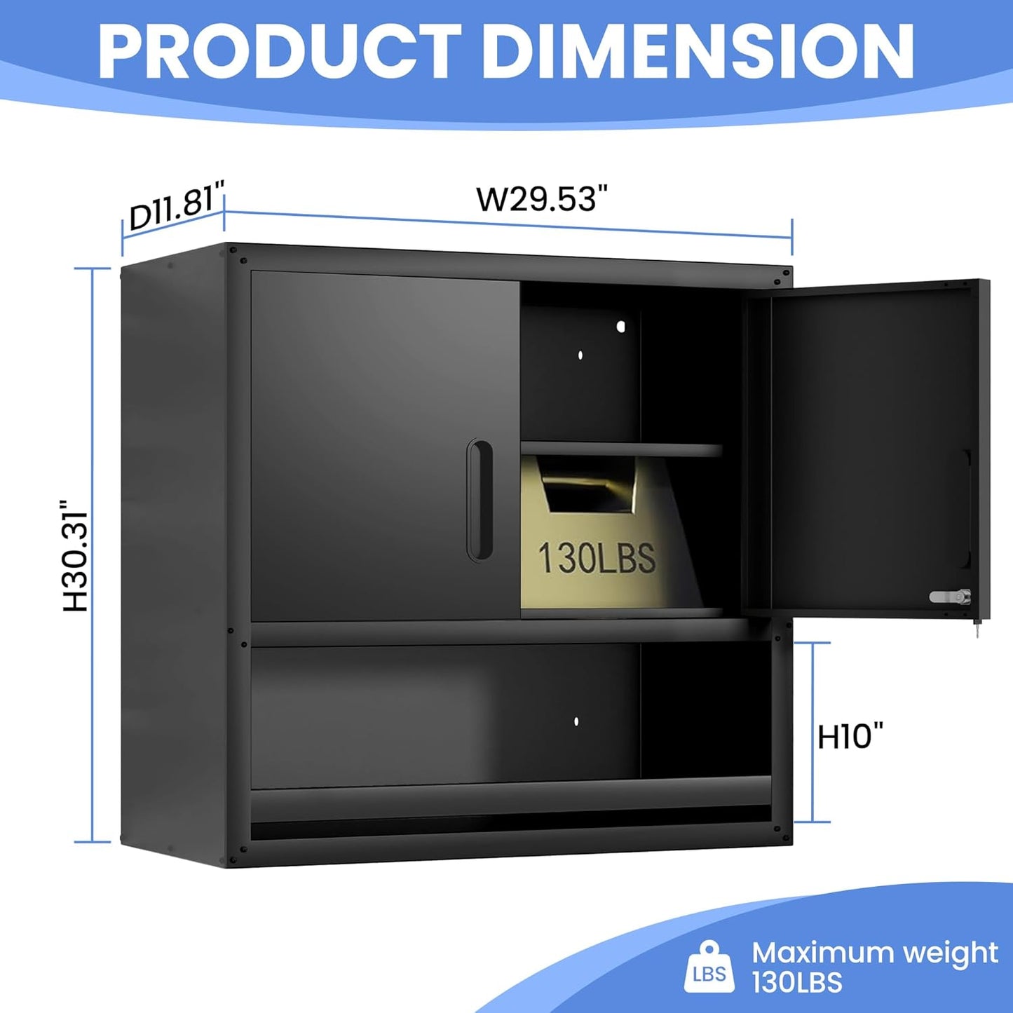 Garage Wall Cabinet with Doors and Shelves, Wall Mounted Metal Storage Cabinet with Open Storage, Lockable Hanging Tool Cabinet for Garage Utility Room, Black