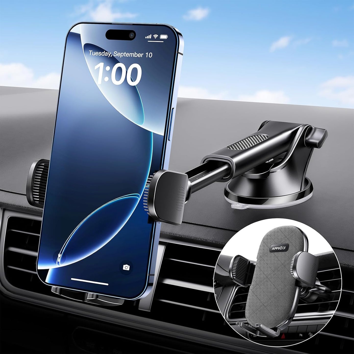 APPS2Car Suction Cup Phone Mount, Windshield/Dashboard/Air Vent Car Phone Holder Mount with Sticky Gel Pad, Compatible with iPhone, Samsung, All Cellphone, Thick Case Friendly