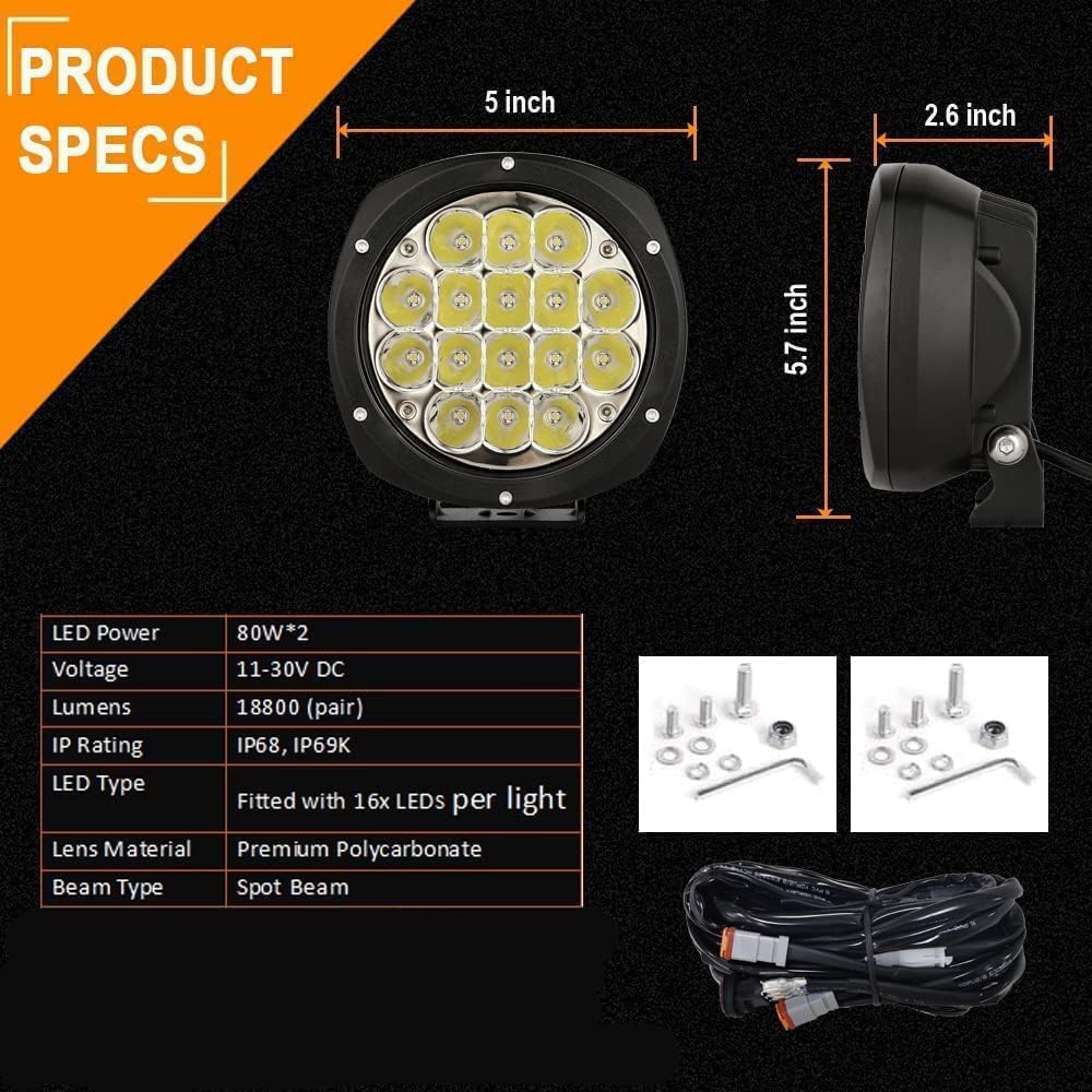 BIGLION.X 5Inch 160W Round Led Driving Lights Off Road Spot Lights Offroad Driving Light Bar 18800LM with Wiring Harness Waterproof IP69K 12V 24V for Pickup Trucks ATV UTV SUV
