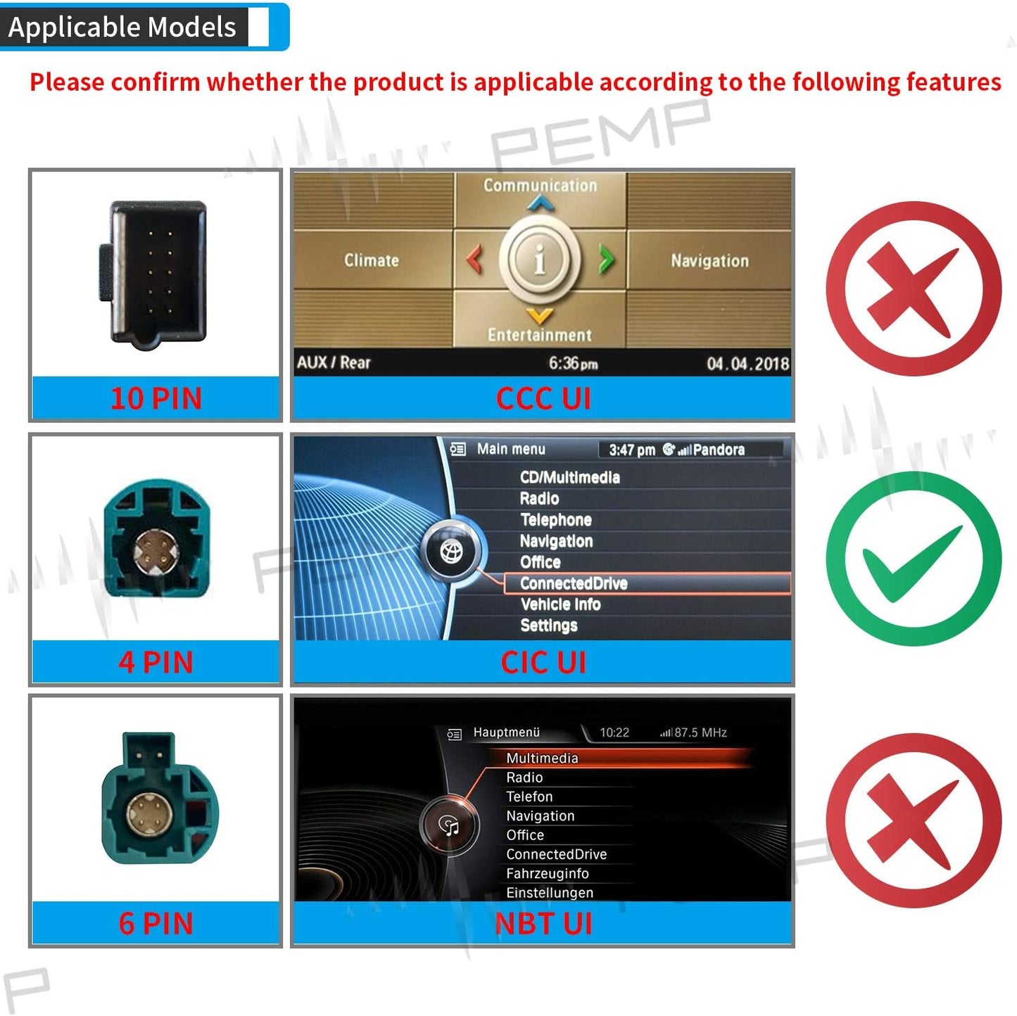 PEMP Linux Vertical Screen E70 E71 CIC Wired and Wireless CarPlay Retrofit Android Auto Mirror Link Car Screen for BMW X5 X6 (2010-2012) with a 720P AHD Reverse Camera