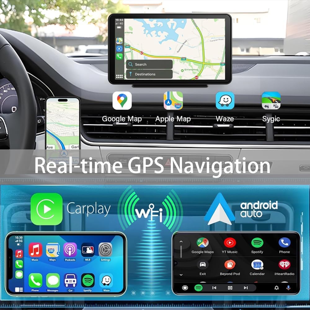 Wireless Carplay Screen for Car 7" Portable Apple Carplay & Android Auto Car Stereo with Backup Camera, GPS Navigation/Mirror Link/Voice Control Siri/Bluetooth FM, AUX for All Vehicles