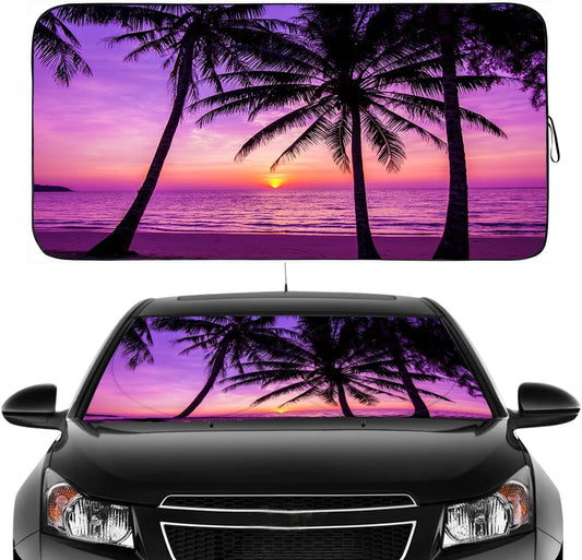 Gven Windshield Sun Shade, 2025 Foldable Purple Sunset Vehicle Windshield Protecion Heat Reduction Front Windshield Sun Shade Blocks UV Rays for Car Pickup Truck SUV (Sunset Purple, S)