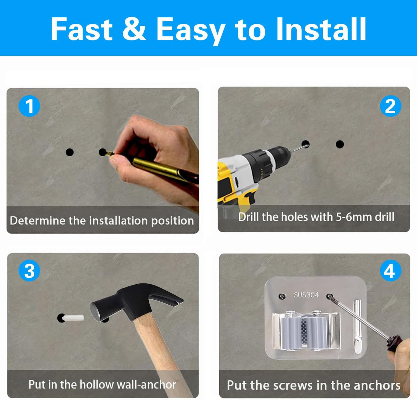 5 Pack Broom Holder Heavy Duty Stainless Steel Broom Hanger with Hooks Screw Drilling Rust Resistant Mop and Broom Holder Wall Mount for Bathroom Kitchen Laundry Room Garage - Silver