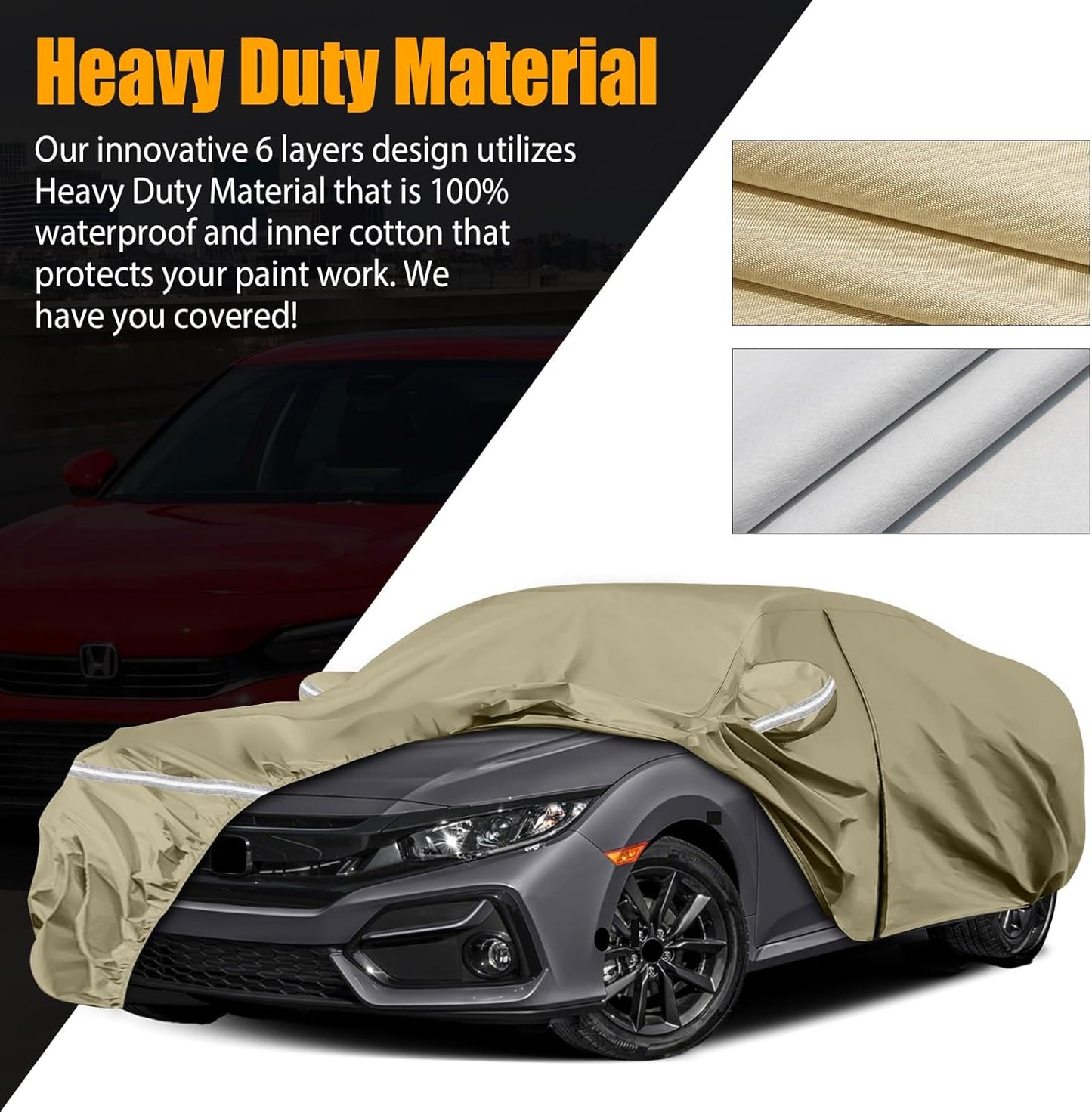 Waterproof Car Covers Replace for 2011-2025 Honda Civic, Multilayer Heavy Duty with Cotton Liner All Weather Custom-fit Car Cover with Zipper Door, Windproof Bands for Snow Rain Dust Protection