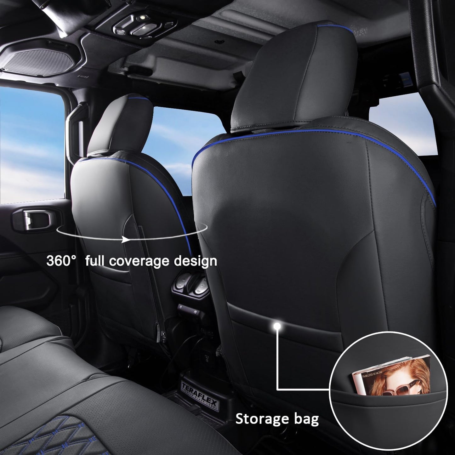 GIANT PANDA Fit Full Set Car Seat Covers for Jeep Wrangler 4 Door JL Sahara Sport Rubicon Unlimited Willys 2018 2019 2020 2021 2022 2023 2024 2025 Without Rear Cup Holder,Faux Leather - (Black+Blue)