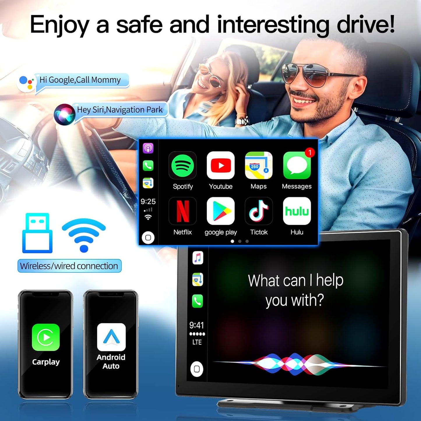 [Android& 2+32G] 9 inch Wireless Apple Carplay and Android Auto, 4 Core IPS Touch Screen Mirror Link, with 1080P Rear Camera and Support OTA Update, GPS Navigation, Netflix, YouTube, Tictok