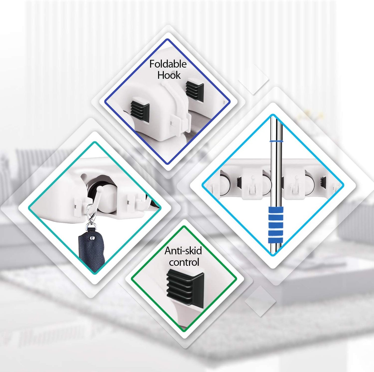 LETMY Broom Holder Wall Mount - Mop and Broom Hanger Holder - Garage Storage Rack & Garden Tool Organizer - 5 Position 6 Hooks Broom Rack for Home, kitchen, Garden, Tools, Garage Organization - White