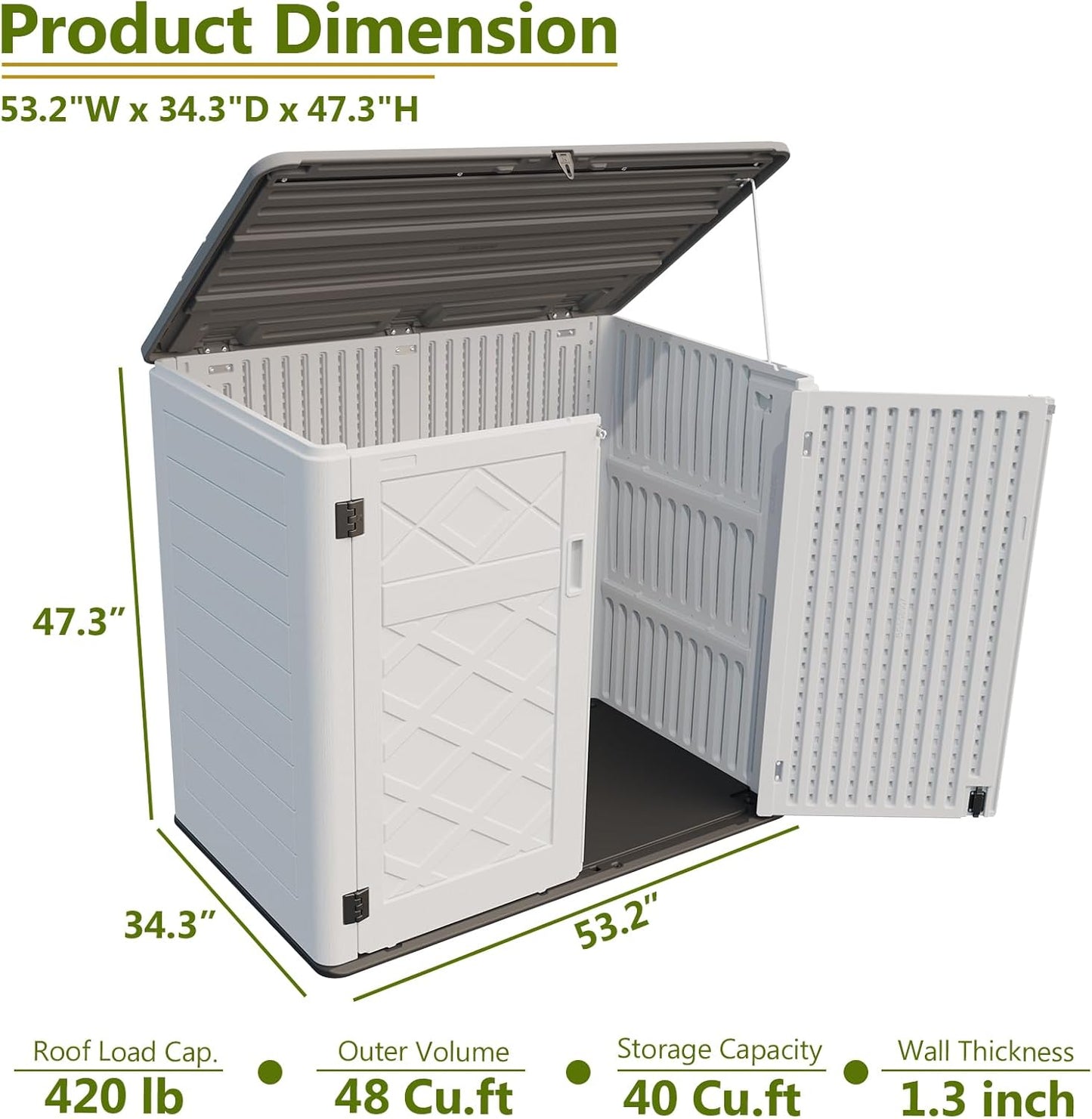 HOMSPARK Storage Shed Weather Resistance, Multi-Purpose Outdoor Storage Cabinet for Backyards and Patios, Horizontal Storage Shed for Lawnmower, Patio Accessories (Off-White, Large - 48 cu.ft)