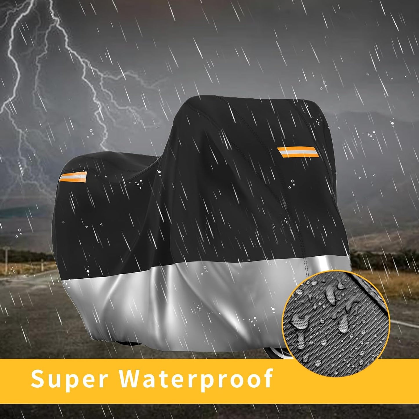 210D Motorcycle Cover All Season Waterproof Breathable Sun Outdoor Protection Three Reflective Tape with Lock-Holes & Storage Bag Bike Scooter Cover Universal (Silver and Black, 96.6''*41''*50'')