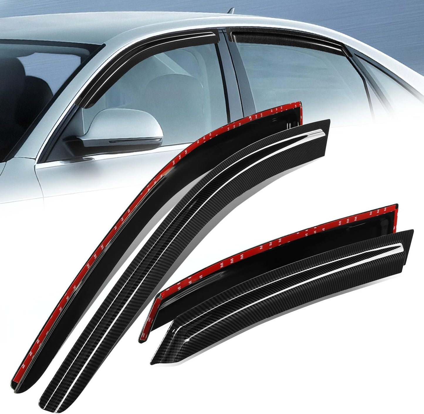 Auto Dynasty 4Pcs Carbon Fiber Pattern Window Visors Compatible with 2002-2008 Audi A4 S4 RS4, Tape-On Front & Rear Window Deflectors Rain Guards Sun Air Side Vent Shade, Exc Convertible, Glossy Black