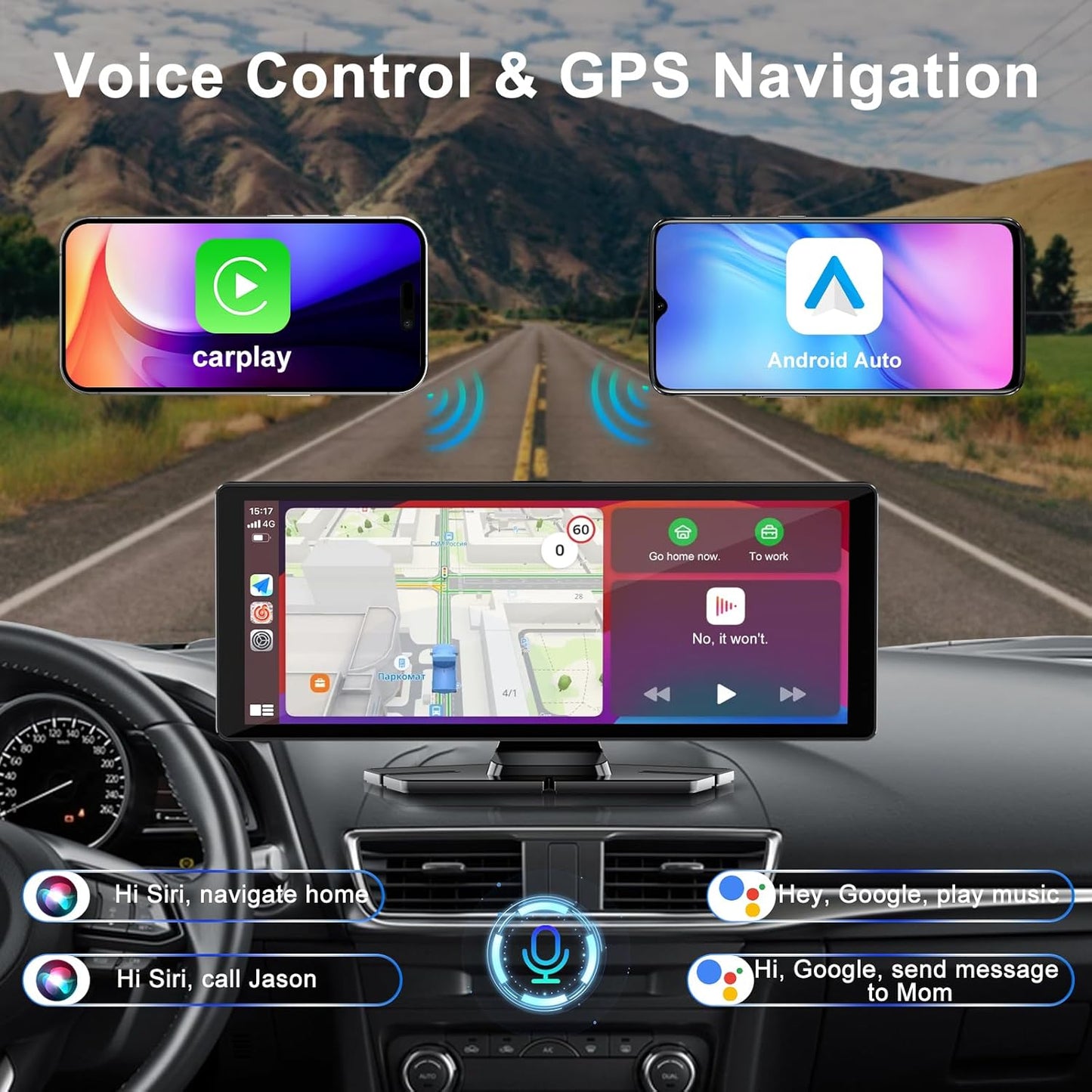 Carplay Screen for Car,10.26" HD Car Stereo for Apple Carplay & Android Auto -with Rotatable 4K Dash Cam & HD Backup Camera, Dual Front/Inside Recording, GPS Navigator for Cars,Trucks