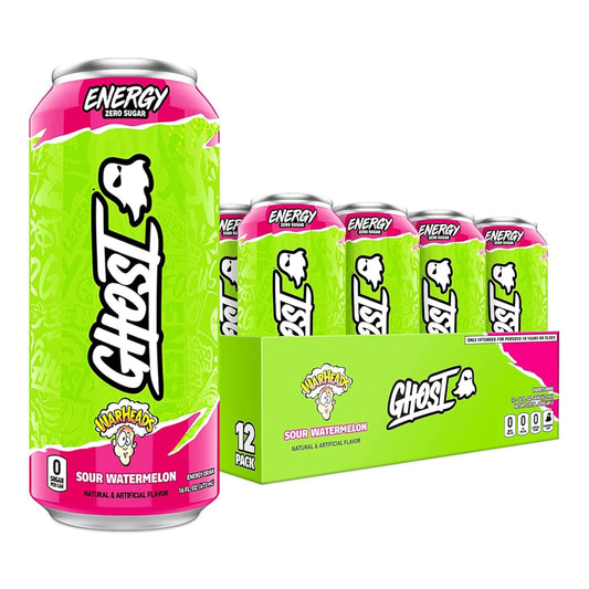 GHOST Energy Drink - 12-Pack, Warheads Sour Watermelon, 16oz - Energy & Focus & No Artificial Colors - 200mg of Natural Caffeine, L-Carnitine & Taurine - Gluten-Free & Vegan
