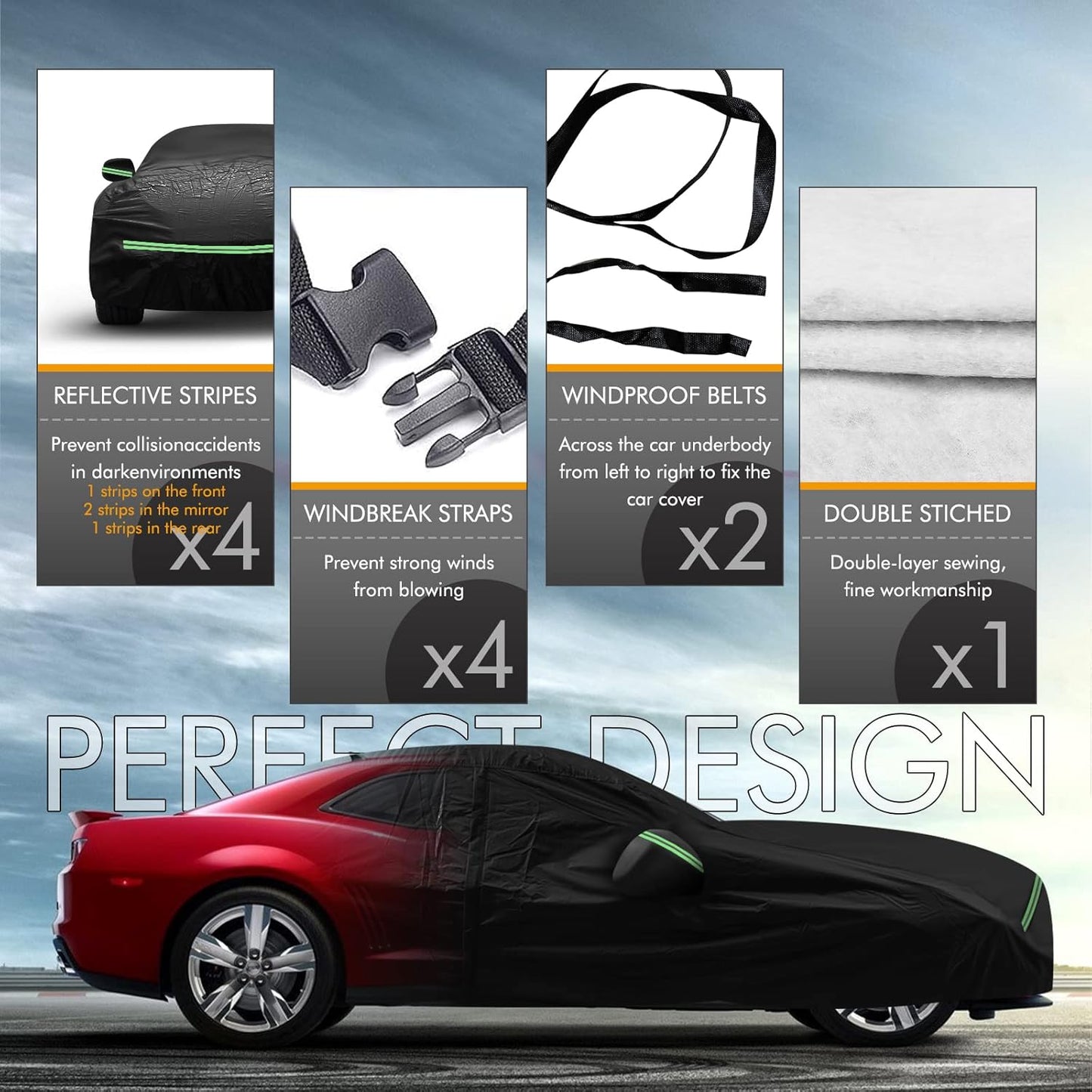 for Chevy Camaro 2010-2022 Car Cover 210D Outdoor Waterproof UV Protection, Custom-fit Protective Full Covers with Cotton Layer, Zipper Door, Reflective Strip, Storage Bag