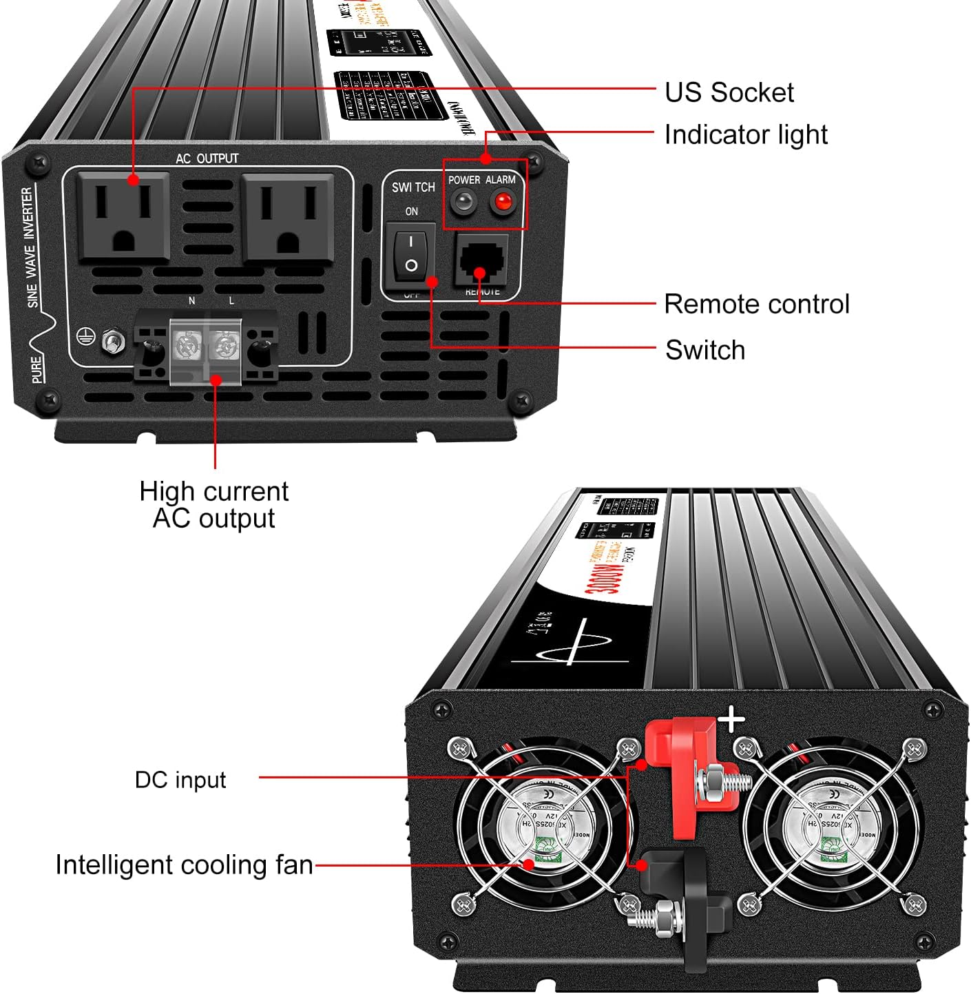 DC 12v AC 120V 60HZ Pure sine Wave 3000w Solar Power Inverter with Remote Switch&Soft Start for Home (DC12V (Range 10V-15V) 3000W)…