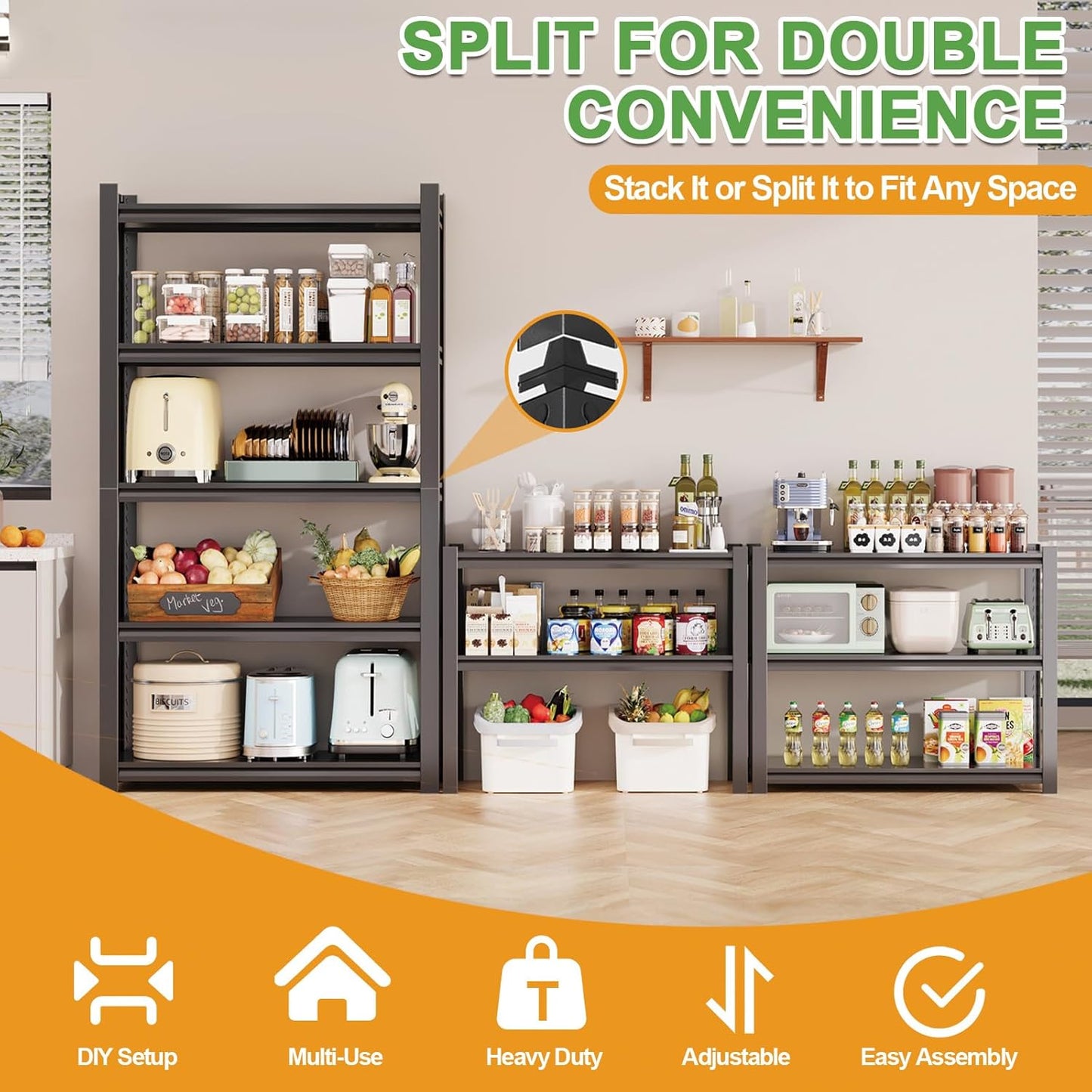 72H Metal Kitchen Storage Shelves, 3000 LBS Heavy Duty Garage Shelving Unit, 5-Tier Adjustable Pantry Shelves, Food and Beverage Storage Rack, Appliance Storage Utility Shelf for Balcony - Black