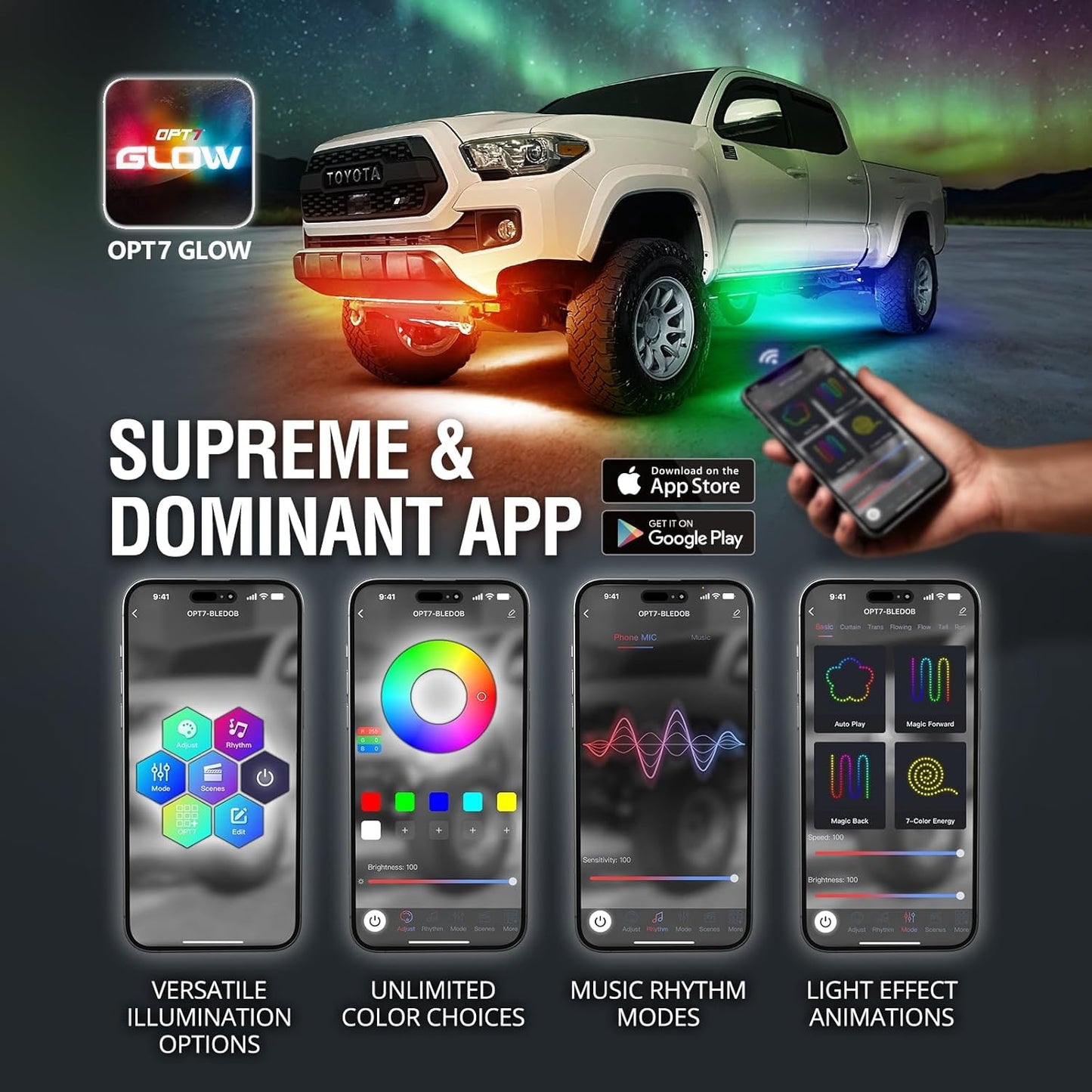 OPT7 Aura DreamColor Underglow Chasing Lights for Truck w/APP & Remote Control, Waterproof Rigid Aluminum LED Light Bar, Exterior Neon Accent Underbody RGBIC Lighting Kit, Multicolor Music Mode, 12V