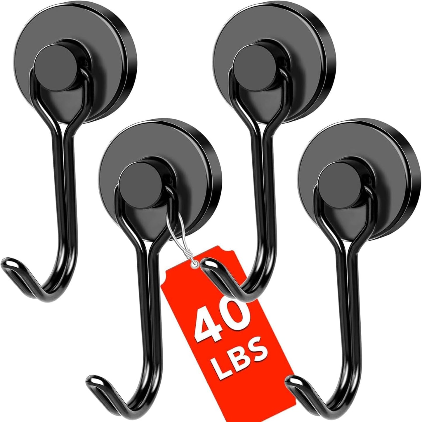 DIYMAG Black Magnetic Hooks, 40LBS Strong Magnetics Heavy Duty, Magnet Hook with Metal Hanger for Hanging Refrigerator Home Kitchen Office, 4Pack