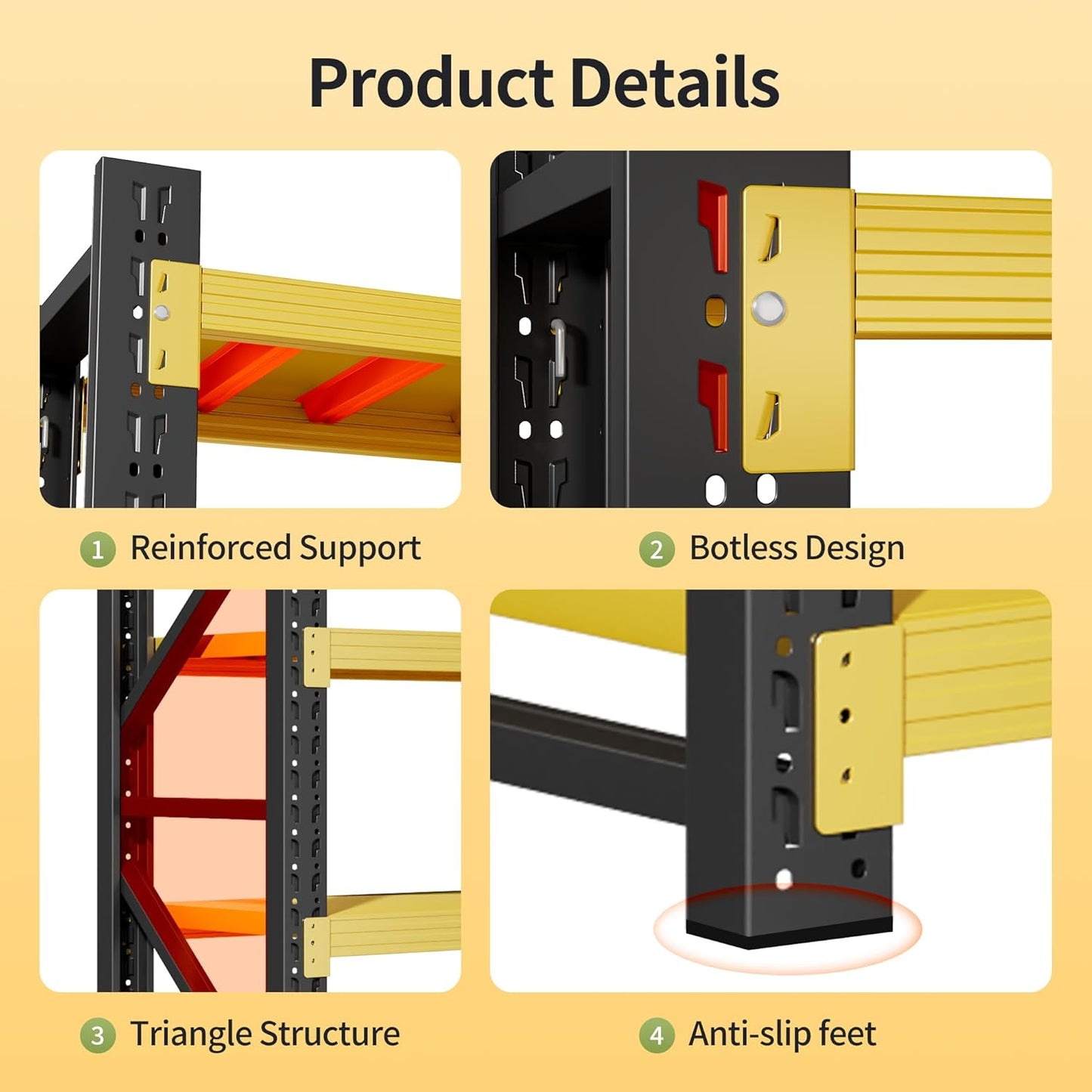 Garage Shelving Unit, 4 Tier Heavy Duty Racks, Easy Assembly, Metal Racks with Adjustable Shelves, 3000 LBS Load Capacity,for Warehouse,Basement (Black&Yellow, 19.7" D x 59.1" W x 78.7" H)