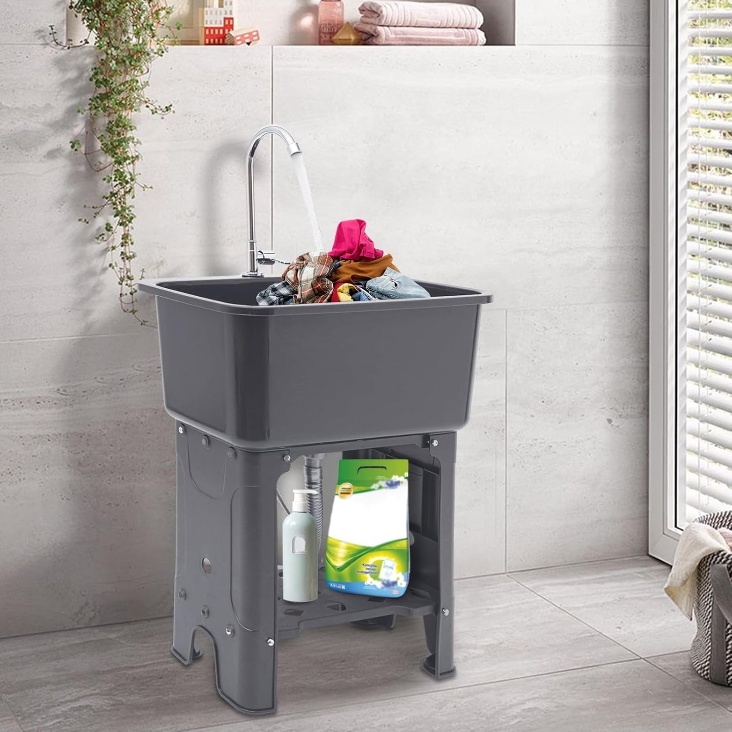 Free Standing Utility Sink with Washboard Laundry Tub Sink for Outdoor,Garage,Basement,Garden wuth Faucet,Drain,Storage Shelf (Gray, 23.6 * 15.8 * 30.1in)