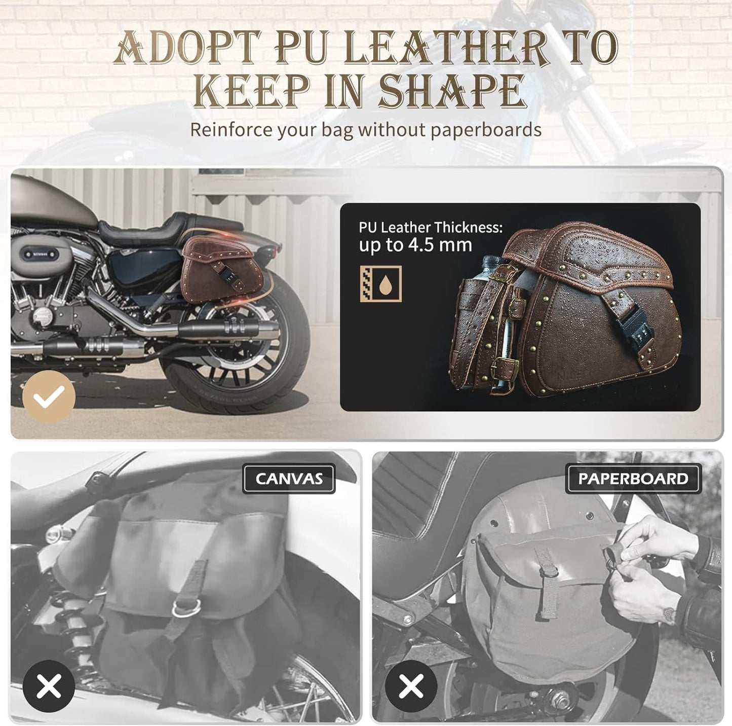 NICECNC Motorcycle Saddle Bags, PU leather Motorcycle Saddlebags, Reinforced Straps & Saddle Piece, with Cup Holder & Lock, Throw Over Saddle Bags Side Bags Universal Motorcycle Accessories, BROWN