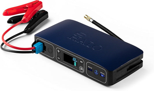 HALO Bolt Air 58830 Portable Car Battery Jump Starter | 100 PSI Air Compressor, 58.8Wh USB Power Bank, Emergency Floodlight & Charger, Jumps Cars SUVs & Trucks, Inflates Tires, TSA Approved — Blue