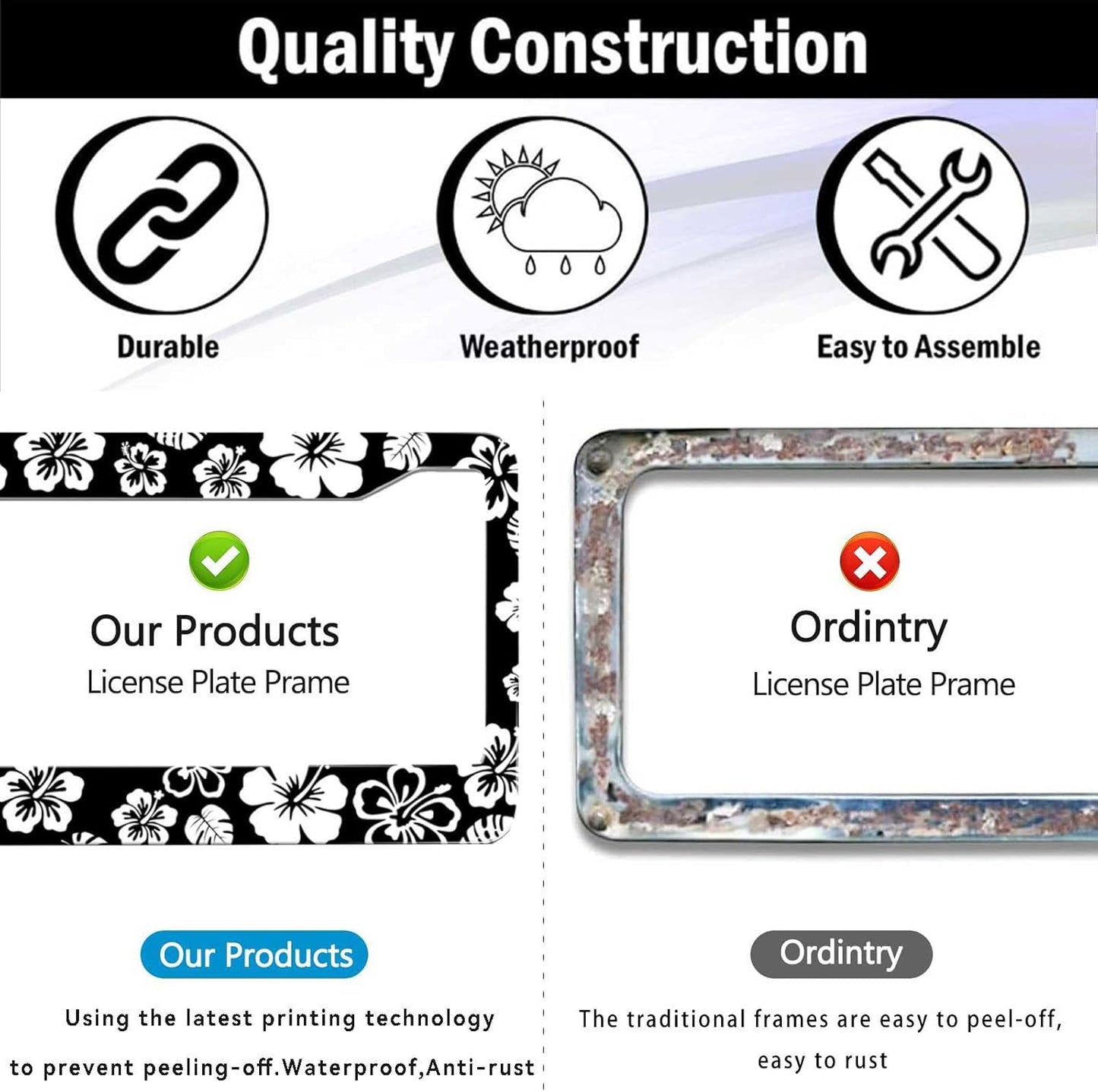 2 Pack Hibiscus License Plate Frame-Rustproof Aluminum White Hibiscus Floral Car Tag Holder Bracket for Women Men, Hibiscus Car Accessories with Screws Included